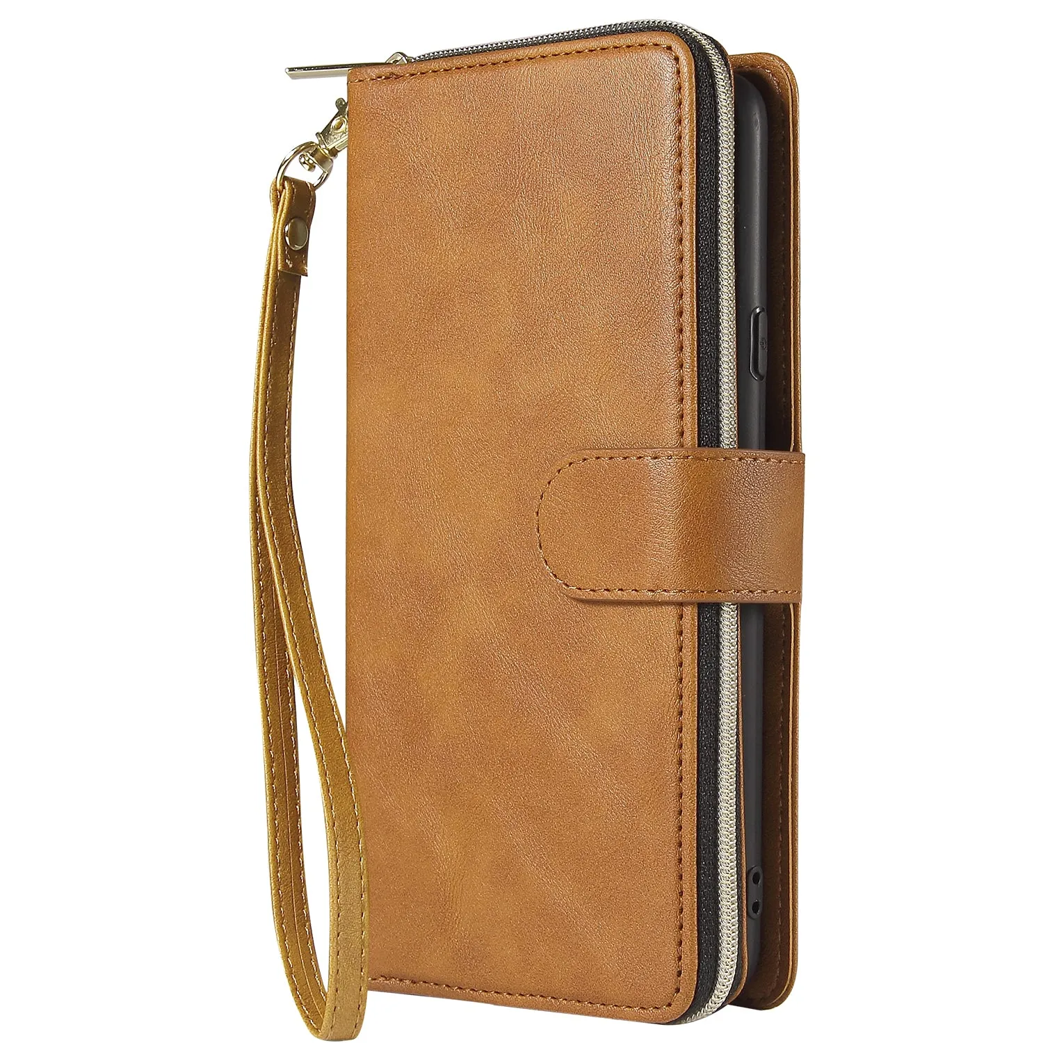 For Samsung A10/A20/A30/A50/A30S/A50S Pu Leather  Mobile Phone Cover Zipper Card Bag   Wrist Strap brown