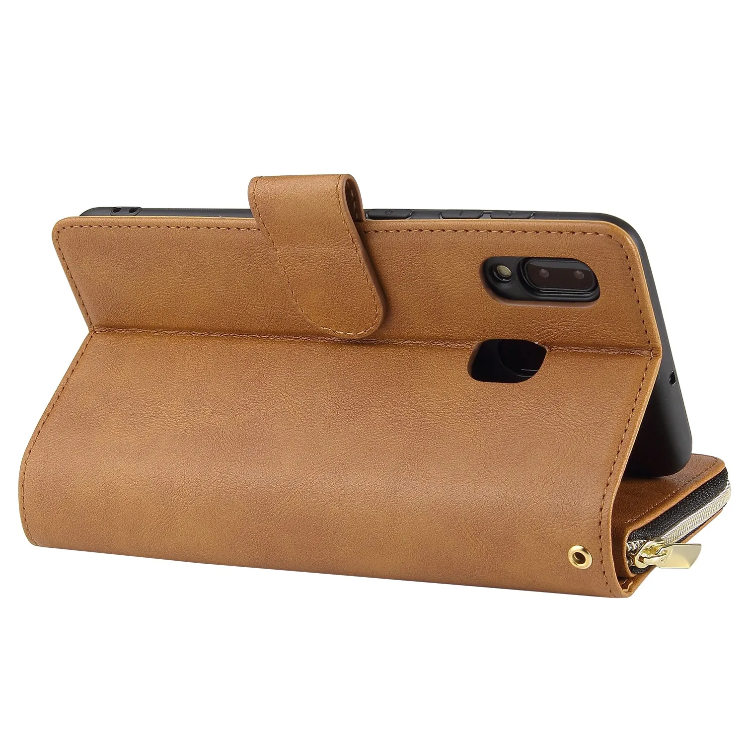 For Samsung A10/A20/A30/A50/A30S/A50S Pu Leather  Mobile Phone Cover Zipper Card Bag   Wrist Strap brown