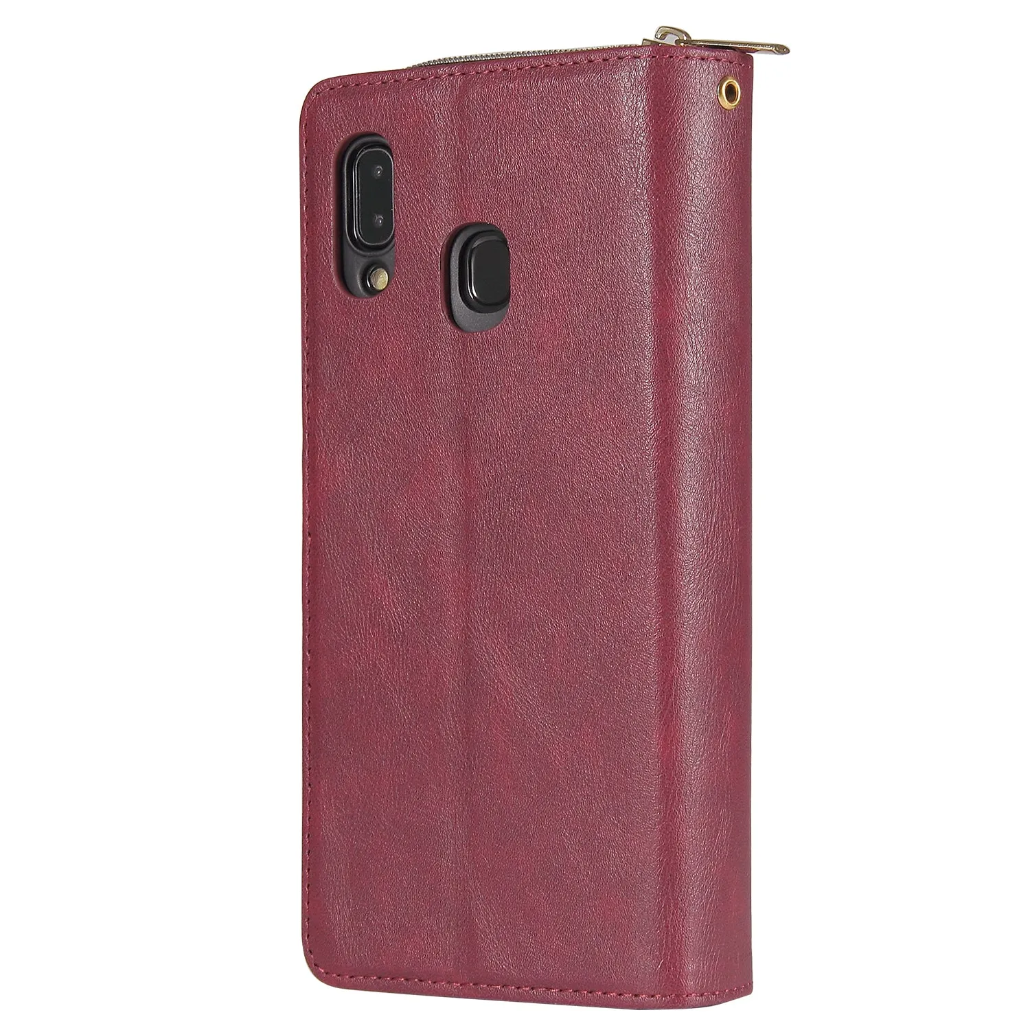 For Samsung A10/A20/A30/A50/A30S/A50S Pu Leather  Mobile Phone Cover Zipper Card Bag   Wrist Strap Red wine