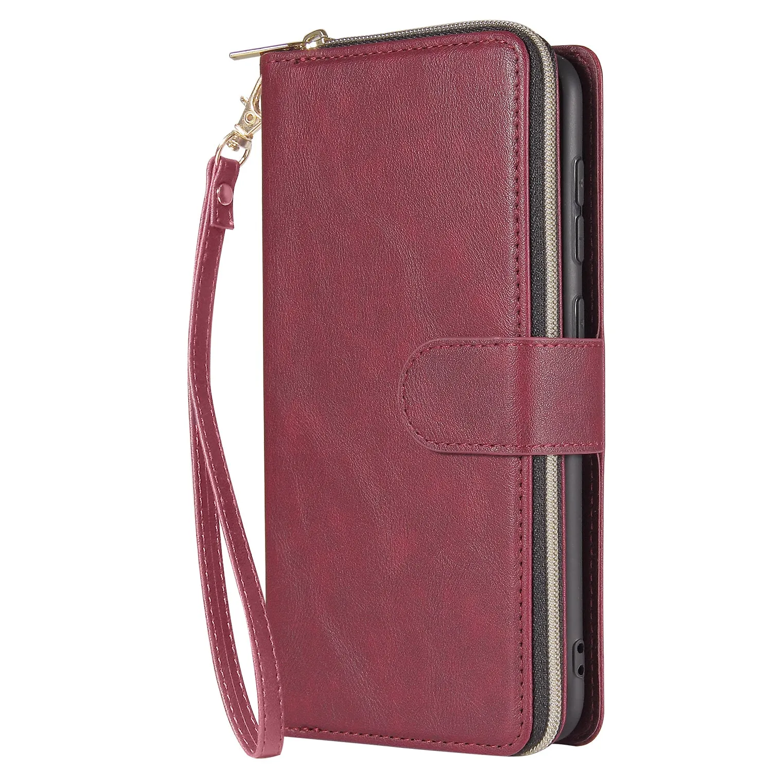 For Samsung A10/A20/A30/A50/A30S/A50S Pu Leather  Mobile Phone Cover Zipper Card Bag   Wrist Strap Red wine