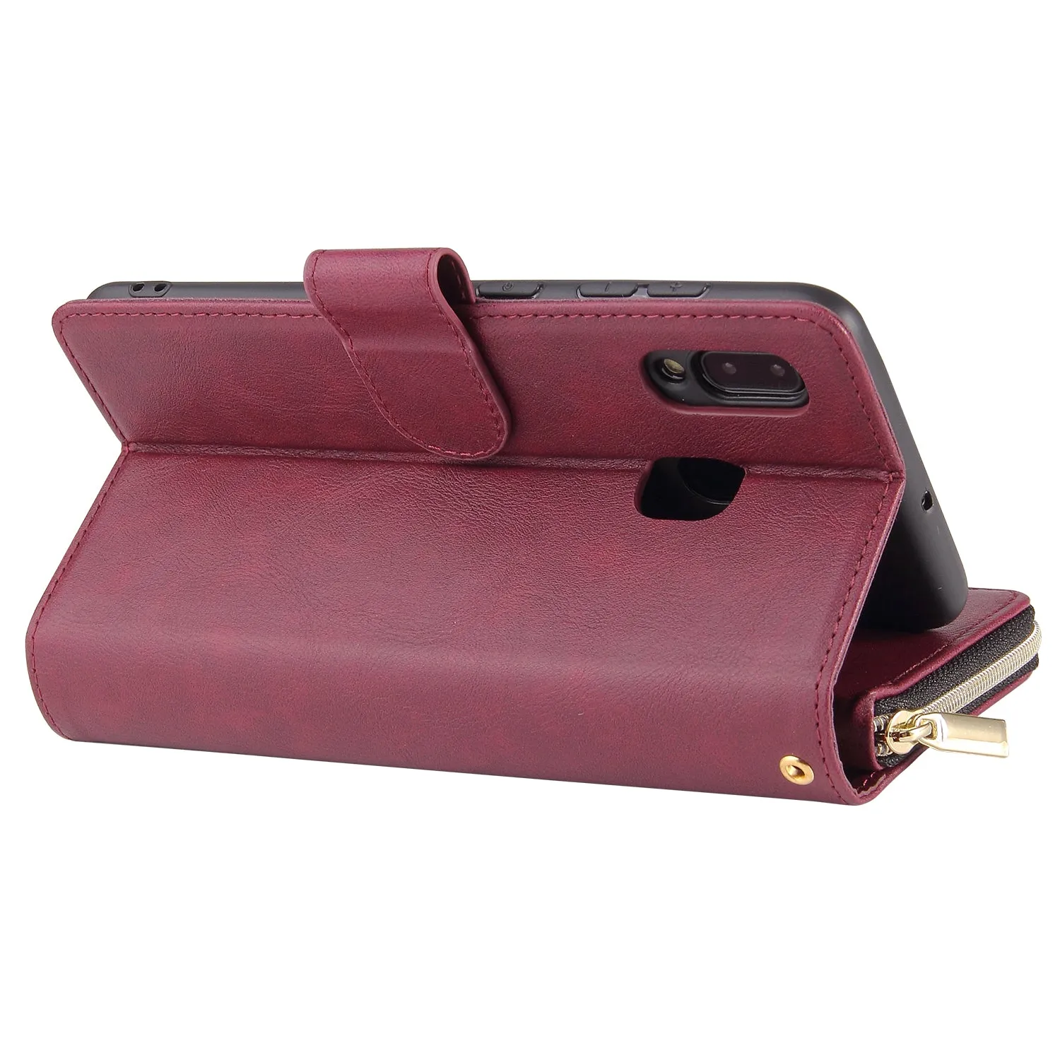 For Samsung A10/A20/A30/A50/A30S/A50S Pu Leather  Mobile Phone Cover Zipper Card Bag   Wrist Strap Red wine