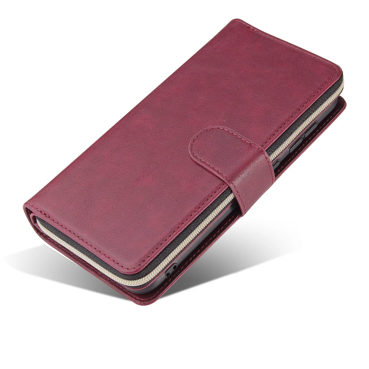 For Samsung A10/A20/A30/A50/A30S/A50S Pu Leather  Mobile Phone Cover Zipper Card Bag   Wrist Strap Red wine