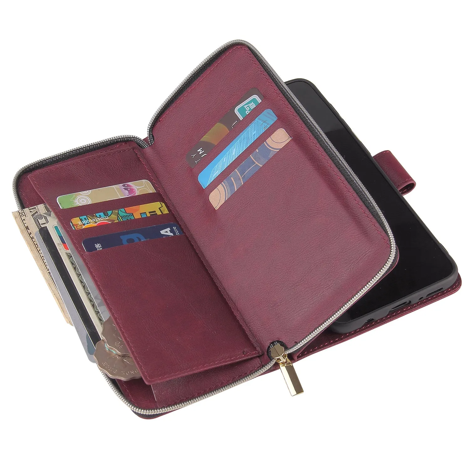 For Samsung A10/A20/A30/A50/A30S/A50S Pu Leather  Mobile Phone Cover Zipper Card Bag   Wrist Strap Red wine