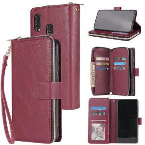 For Samsung A10/A20/A30/A50/A30S/A50S Pu Leather  Mobile Phone Cover Zipper Card Bag   Wrist Strap Red wine