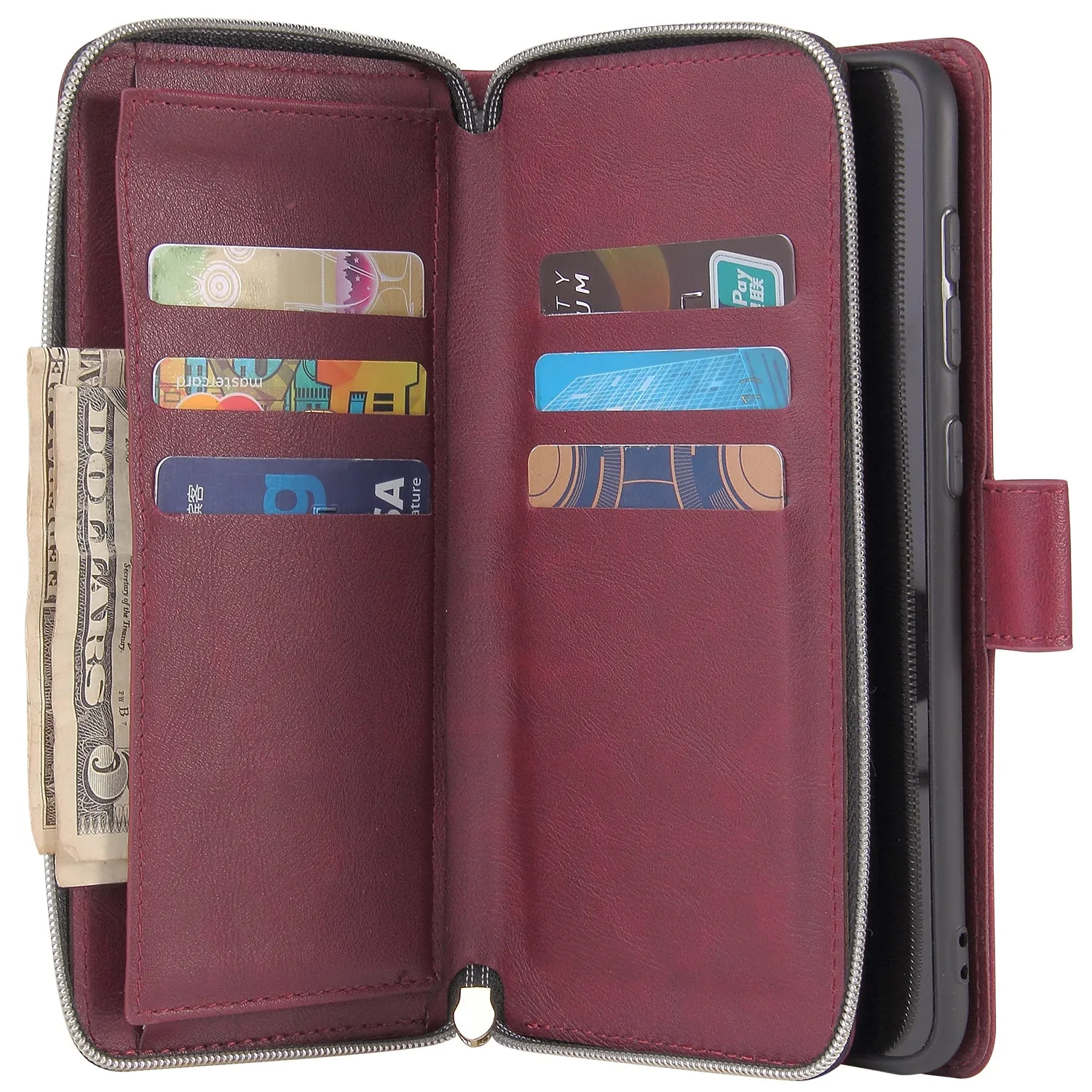 For Samsung A10/A20/A30/A50/A30S/A50S Pu Leather  Mobile Phone Cover Zipper Card Bag   Wrist Strap Red wine