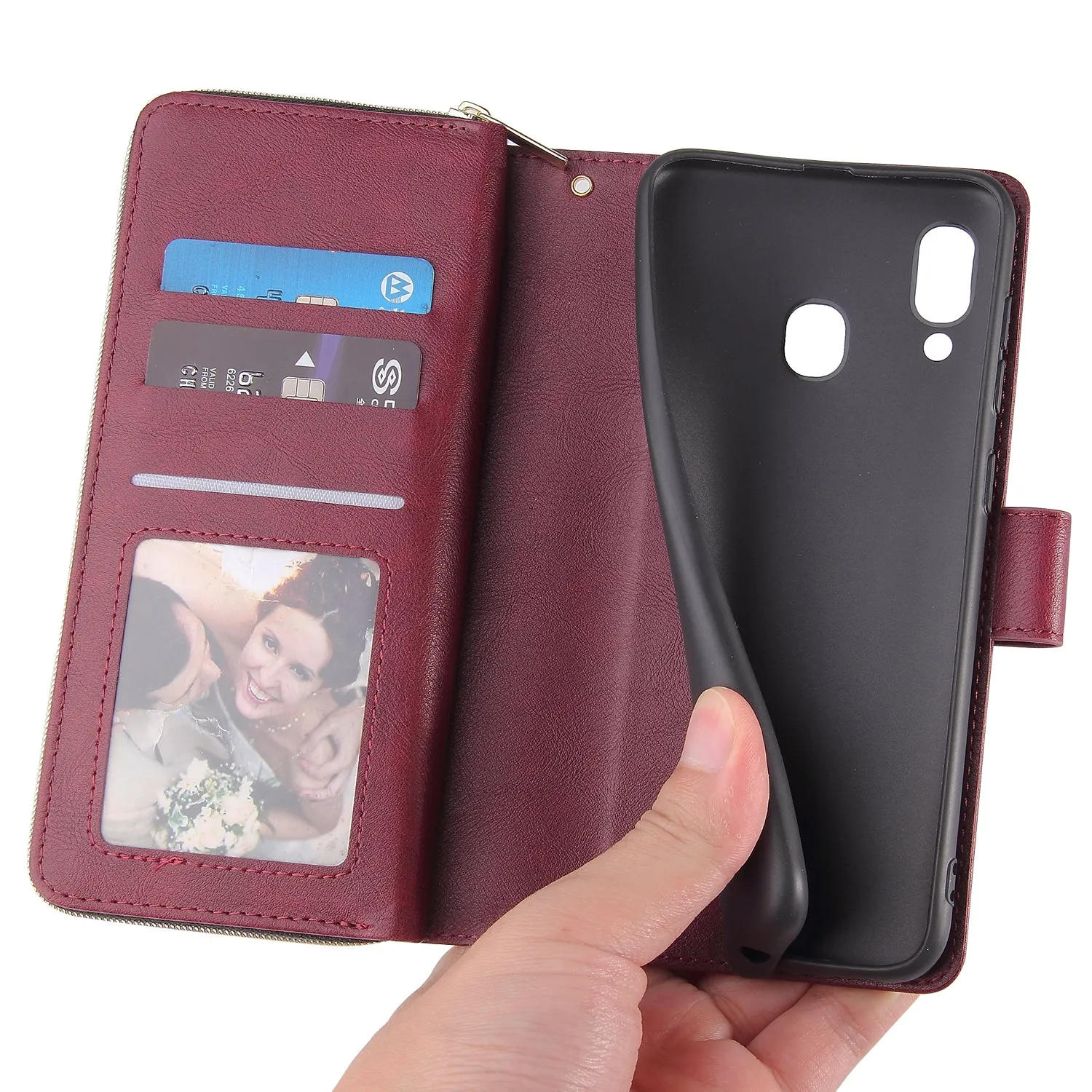 For Samsung A10/A20/A30/A50/A30S/A50S Pu Leather  Mobile Phone Cover Zipper Card Bag   Wrist Strap Red wine