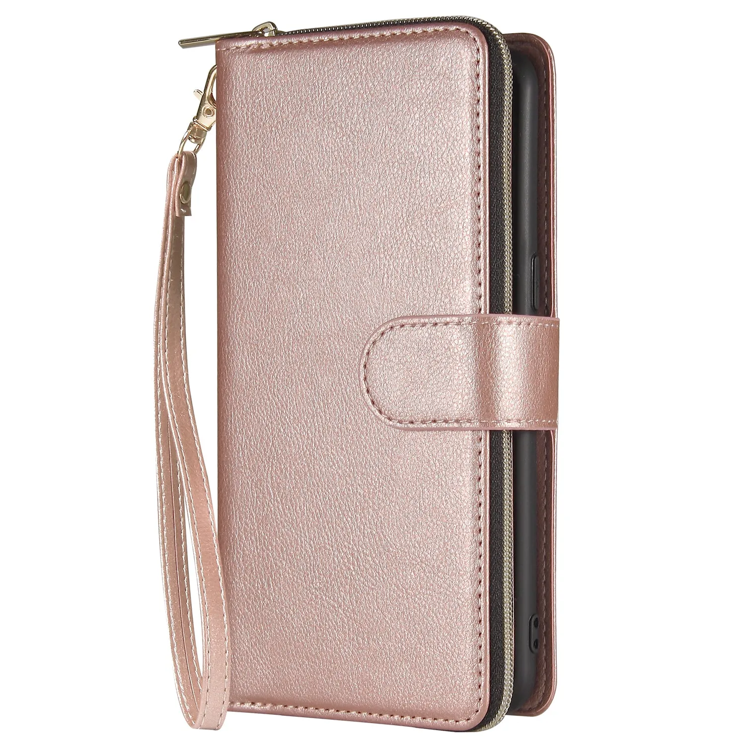 For Samsung A10/A20/A30/A50/A30S/A50S Pu Leather  Mobile Phone Cover Zipper Card Bag   Wrist Strap Rose gold