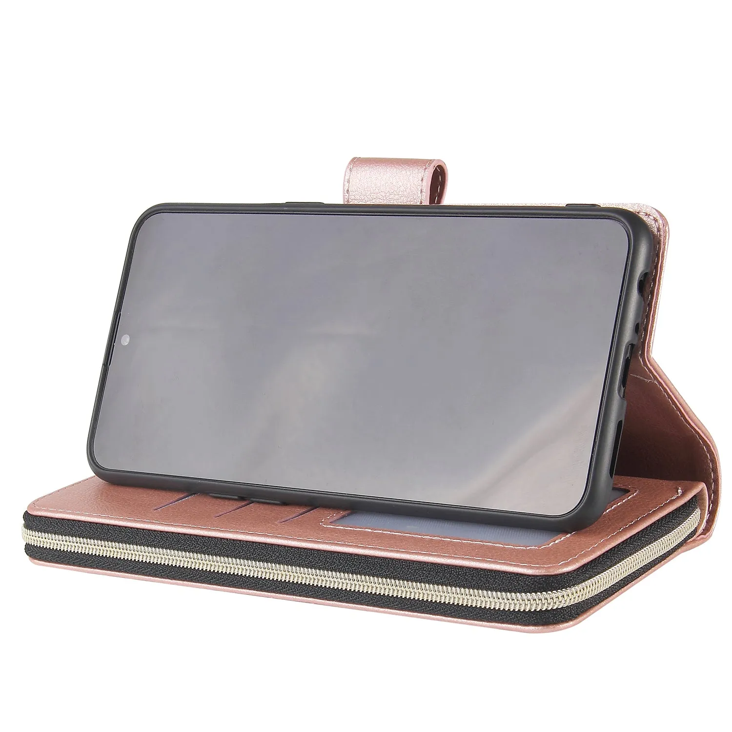 For Samsung A10/A20/A30/A50/A30S/A50S Pu Leather  Mobile Phone Cover Zipper Card Bag   Wrist Strap Rose gold