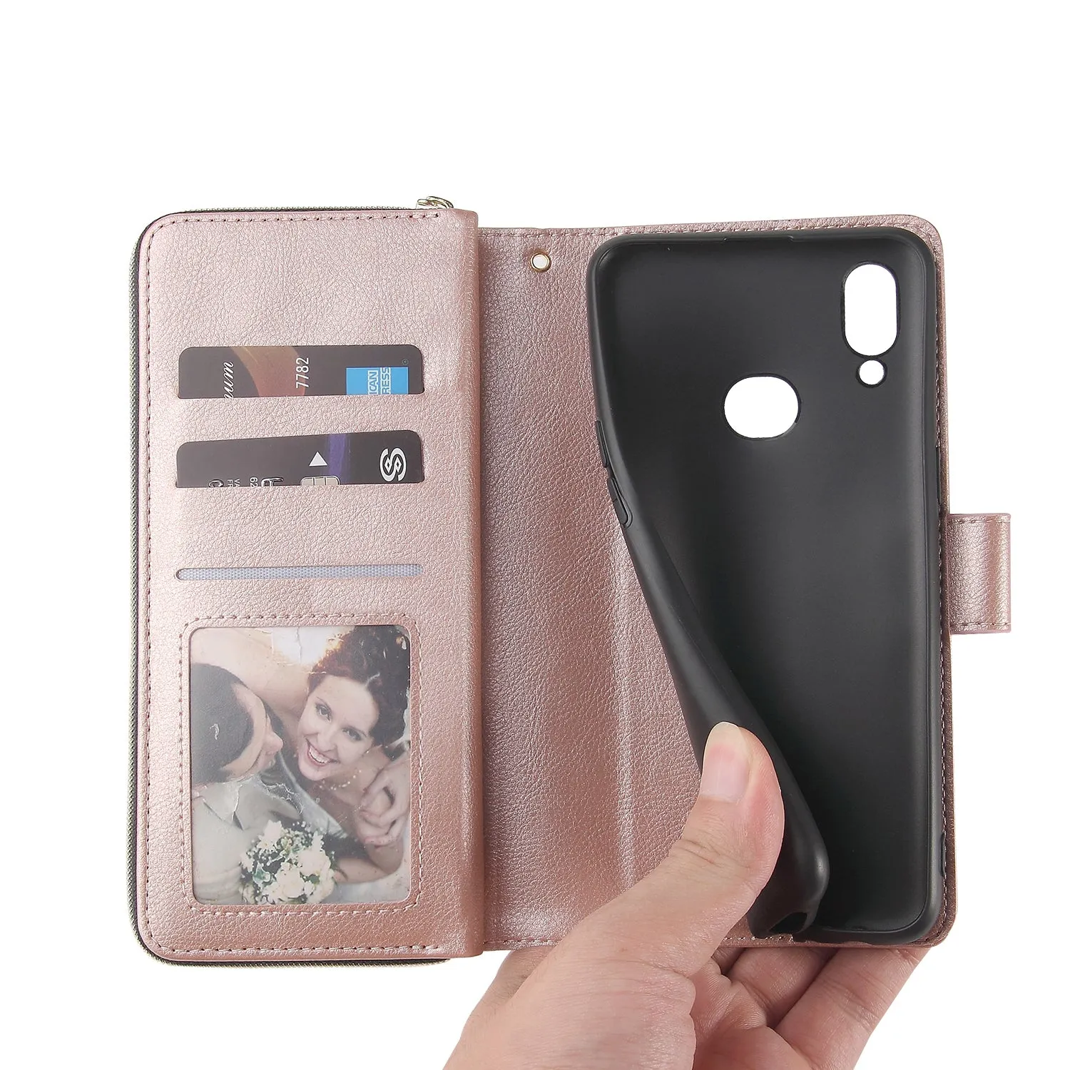 For Samsung A10/A20/A30/A50/A30S/A50S Pu Leather  Mobile Phone Cover Zipper Card Bag   Wrist Strap Rose gold
