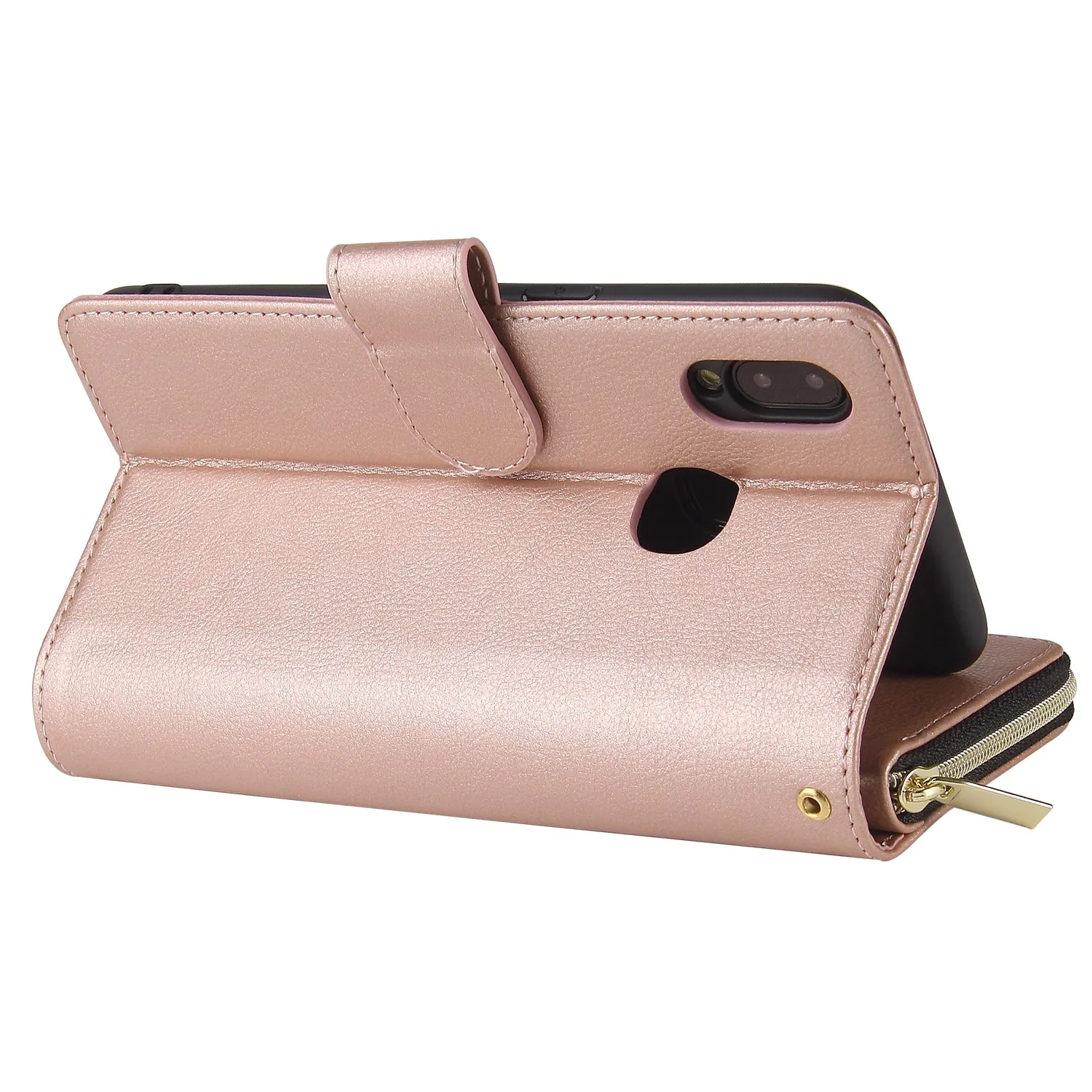 For Samsung A10/A20/A30/A50/A30S/A50S Pu Leather  Mobile Phone Cover Zipper Card Bag   Wrist Strap Rose gold