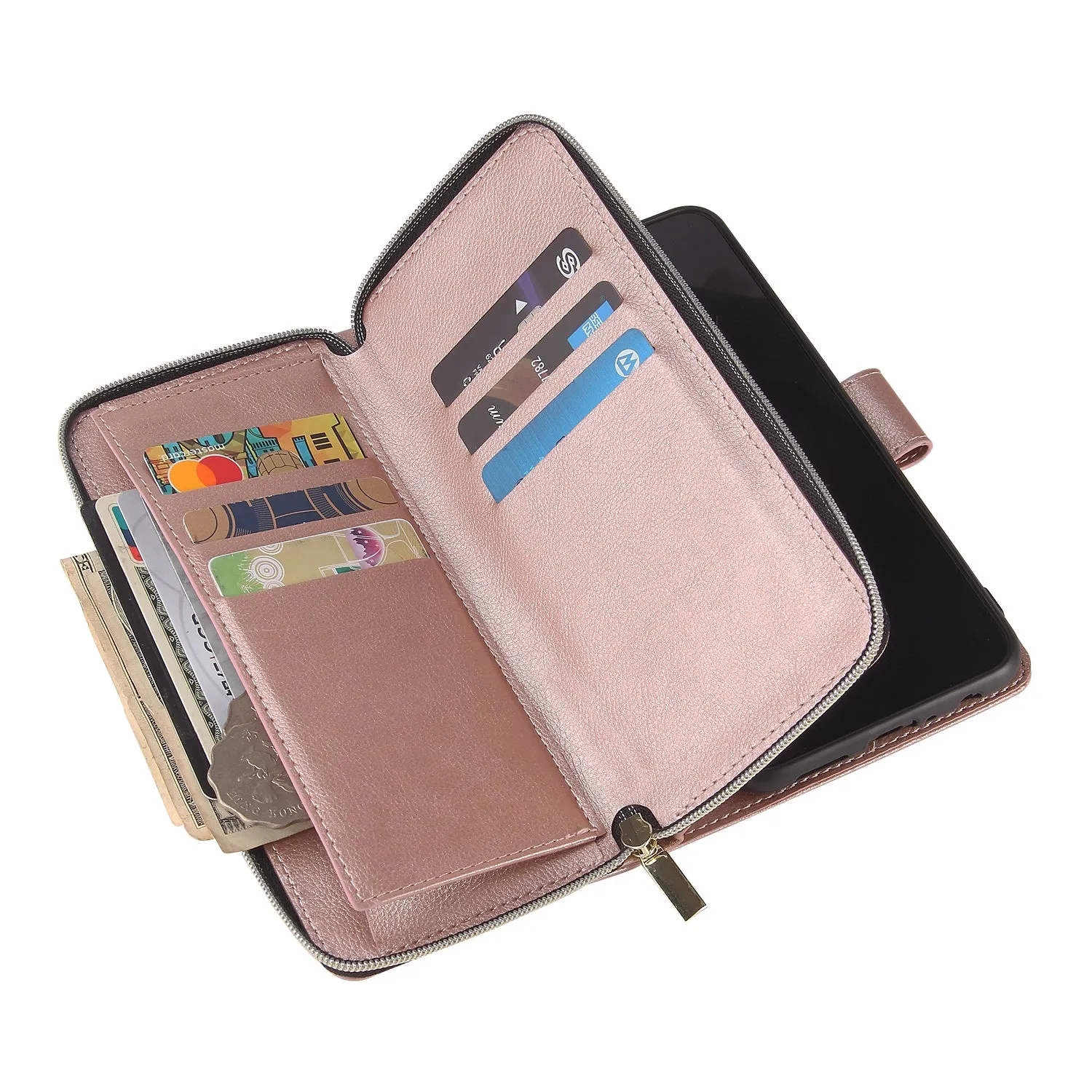 For Samsung A10/A20/A30/A50/A30S/A50S Pu Leather  Mobile Phone Cover Zipper Card Bag   Wrist Strap Rose gold