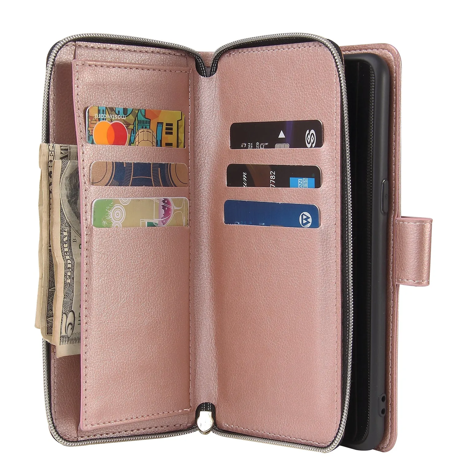 For Samsung A10/A20/A30/A50/A30S/A50S Pu Leather  Mobile Phone Cover Zipper Card Bag   Wrist Strap Rose gold