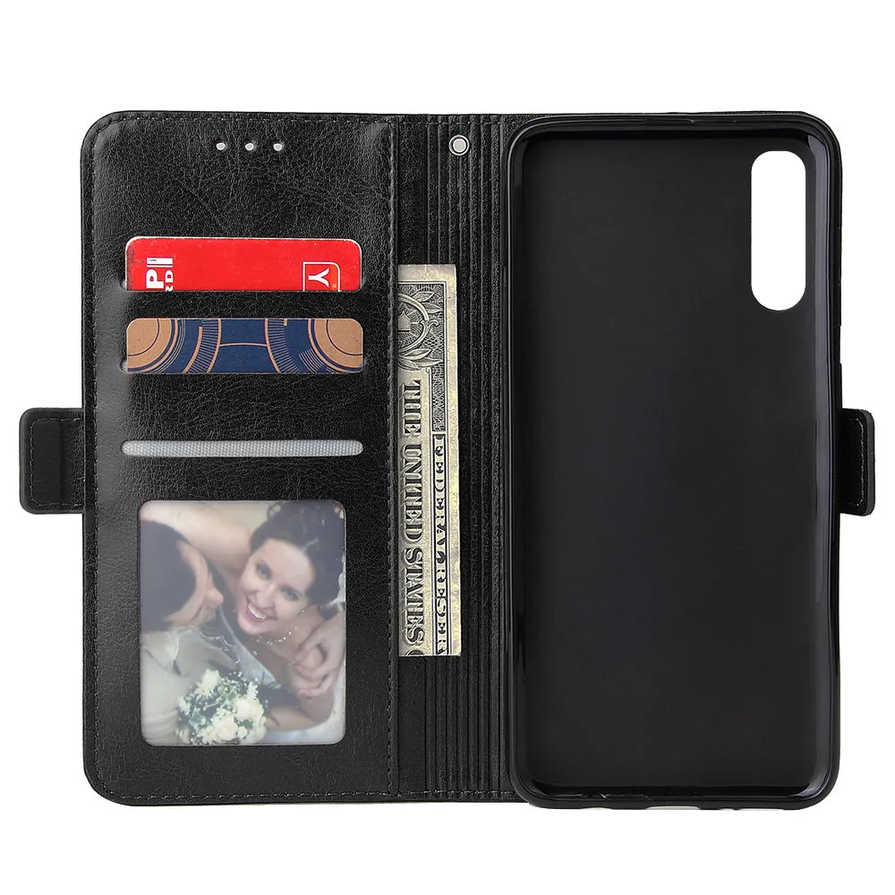For Samsung A50 Solid Color PU Leather Zipper Wallet Double Buckle Protective Case with Stand & Lanyard black