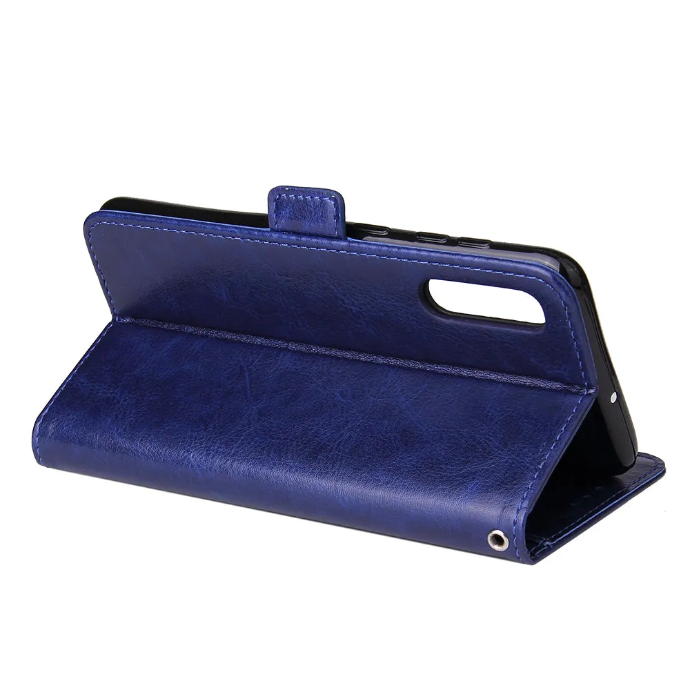 For Samsung A50 Solid Color PU Leather Zipper Wallet Double Buckle Protective Case with Stand & Lanyard blue