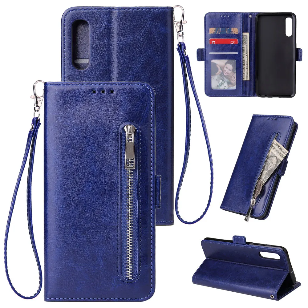 For Samsung A50 Solid Color PU Leather Zipper Wallet Double Buckle Protective Case with Stand & Lanyard blue
