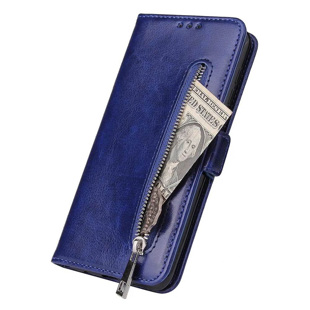 For Samsung A50 Solid Color PU Leather Zipper Wallet Double Buckle Protective Case with Stand & Lanyard blue