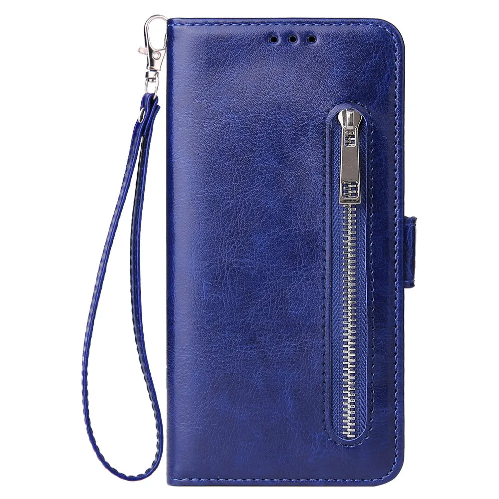 For Samsung A50 Solid Color PU Leather Zipper Wallet Double Buckle Protective Case with Stand & Lanyard blue