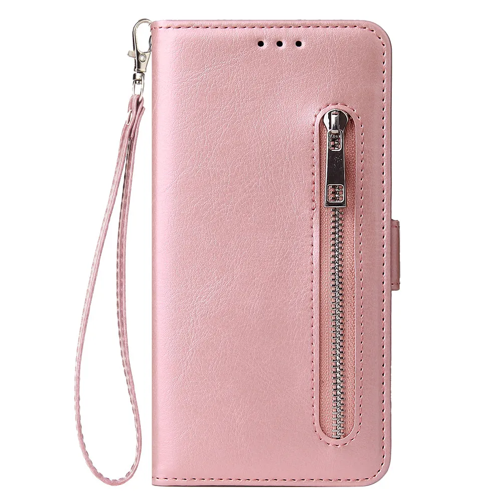 For Samsung A50 Solid Color PU Leather Zipper Wallet Double Buckle Protective Case with Stand & Lanyard Rose gold