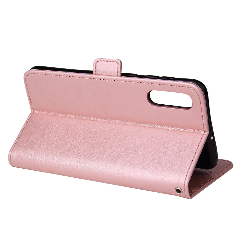 For Samsung A50 Solid Color PU Leather Zipper Wallet Double Buckle Protective Case with Stand & Lanyard Rose gold