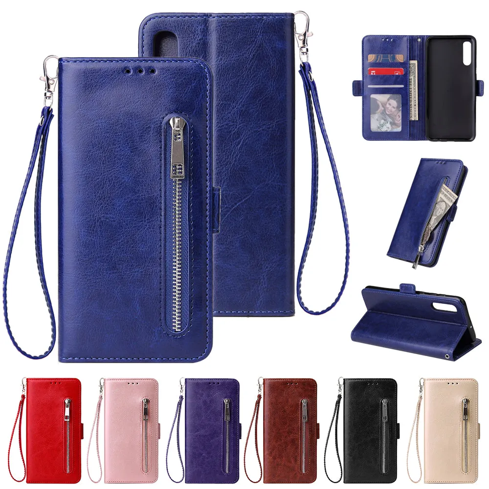 For Samsung A50 Solid Color PU Leather Zipper Wallet Double Buckle Protective Case with Stand & Lanyard Rose gold