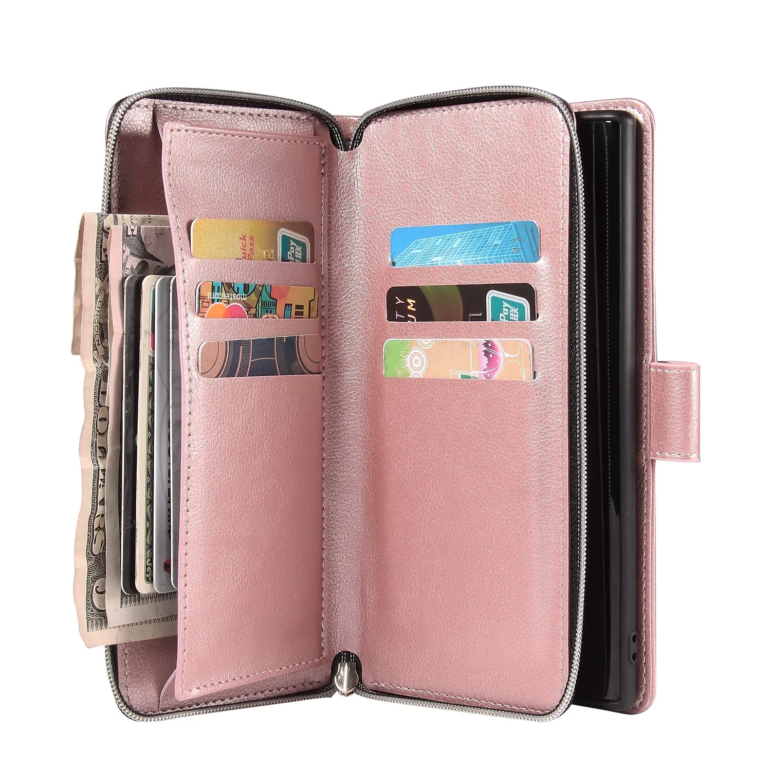 For Samsung A51 5G/A71 5G/Note 10 pro Pu Leather  Mobile Phone Cover Zipper Card Bag   Wrist Strap Rose gold