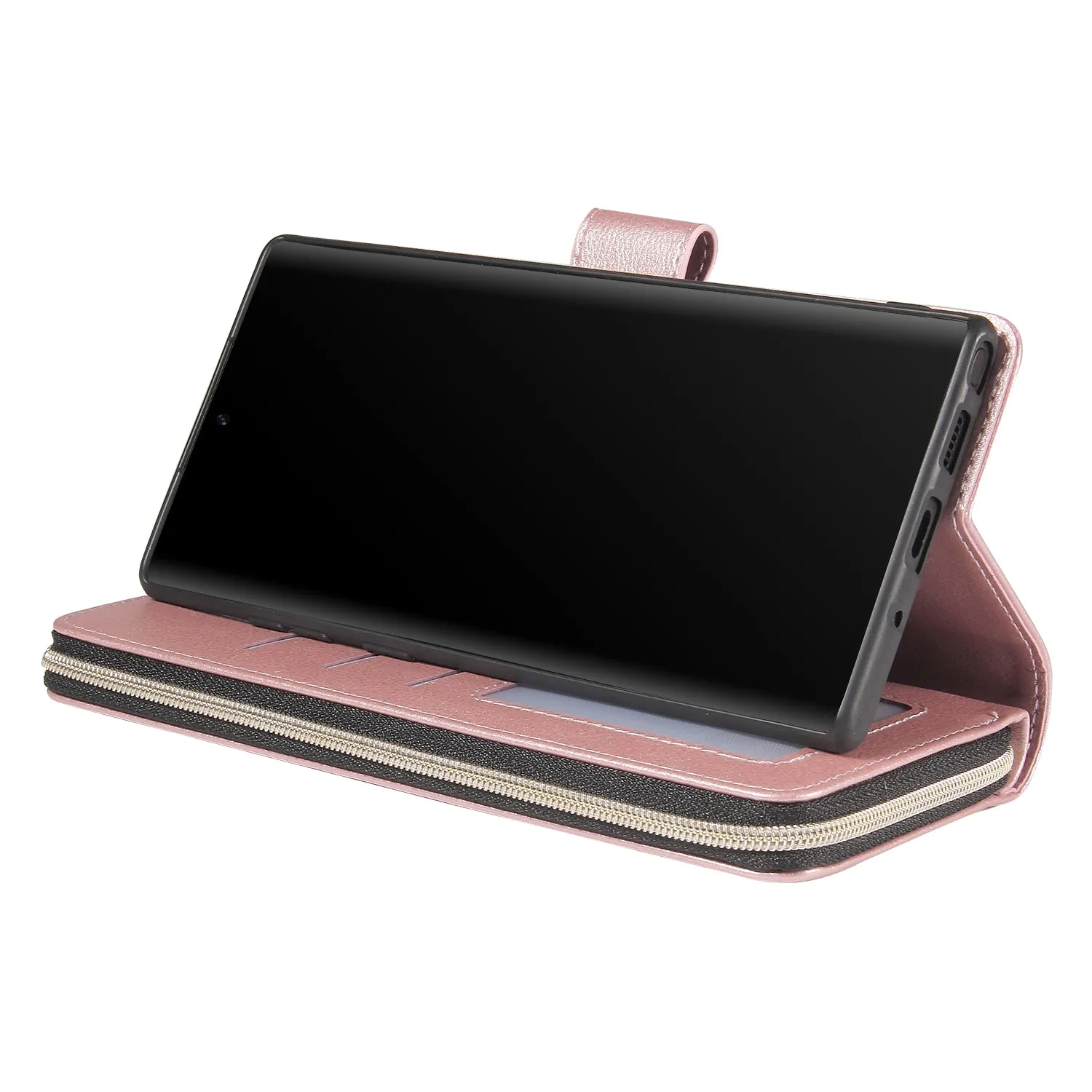 For Samsung A51 5G/A71 5G/Note 10 pro Pu Leather  Mobile Phone Cover Zipper Card Bag   Wrist Strap Rose gold