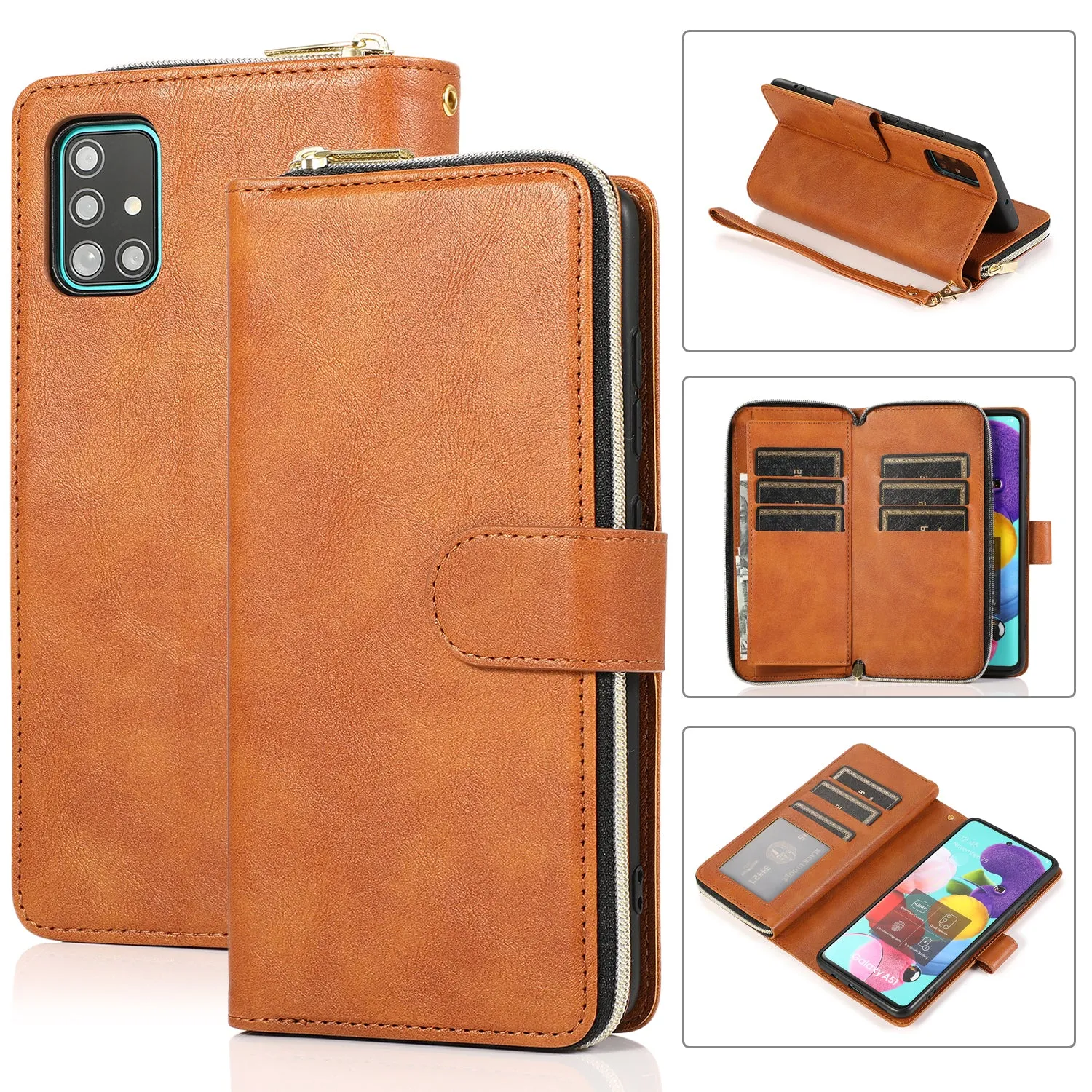 For Samsung A51 5G/A71 5G/Note 10 pro Pu Leather  Mobile Phone Cover Zipper Card Bag   Wrist Strap Rose gold