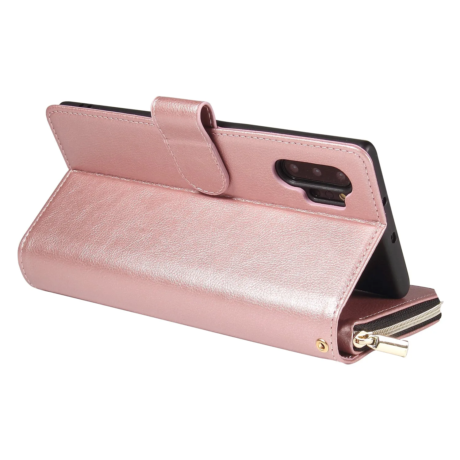 For Samsung A51 5G/A71 5G/Note 10 pro Pu Leather  Mobile Phone Cover Zipper Card Bag   Wrist Strap Rose gold
