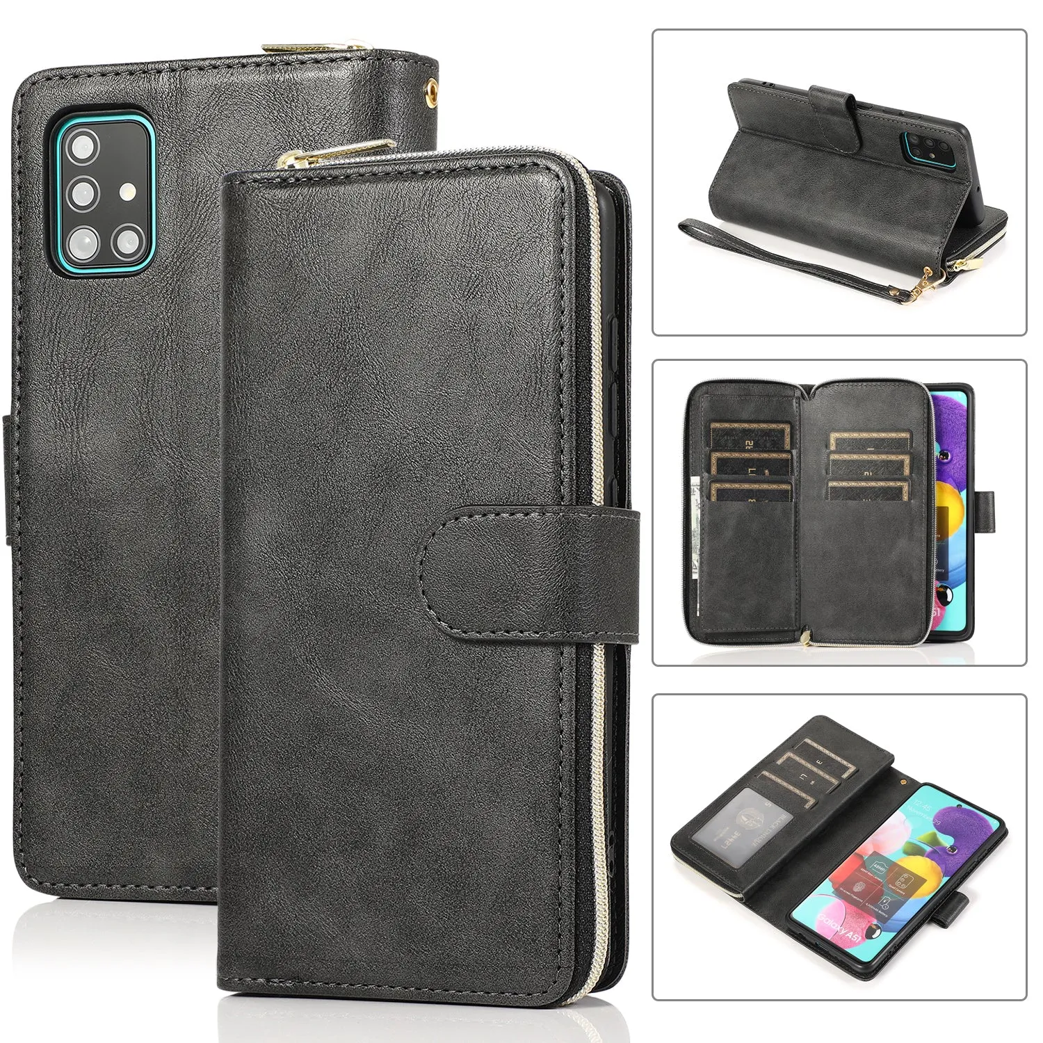 For Samsung A51 5G/A71 5G/Note 10 pro Pu Leather  Mobile Phone Cover Zipper Card Bag   Wrist Strap Rose gold