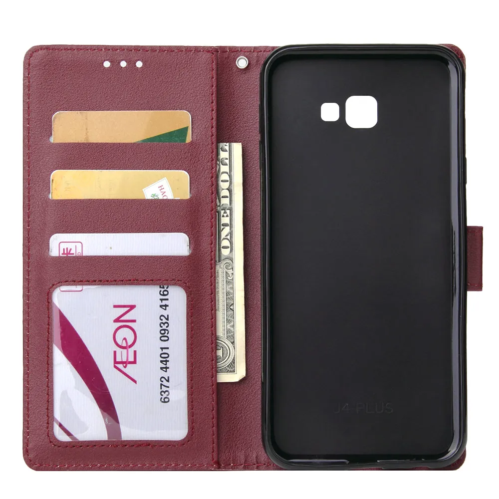 For Samsung J4 plus Flip-type Leather Protective Phone Case with 3 Card Position Buckle Design Phone Cover  Red wine
