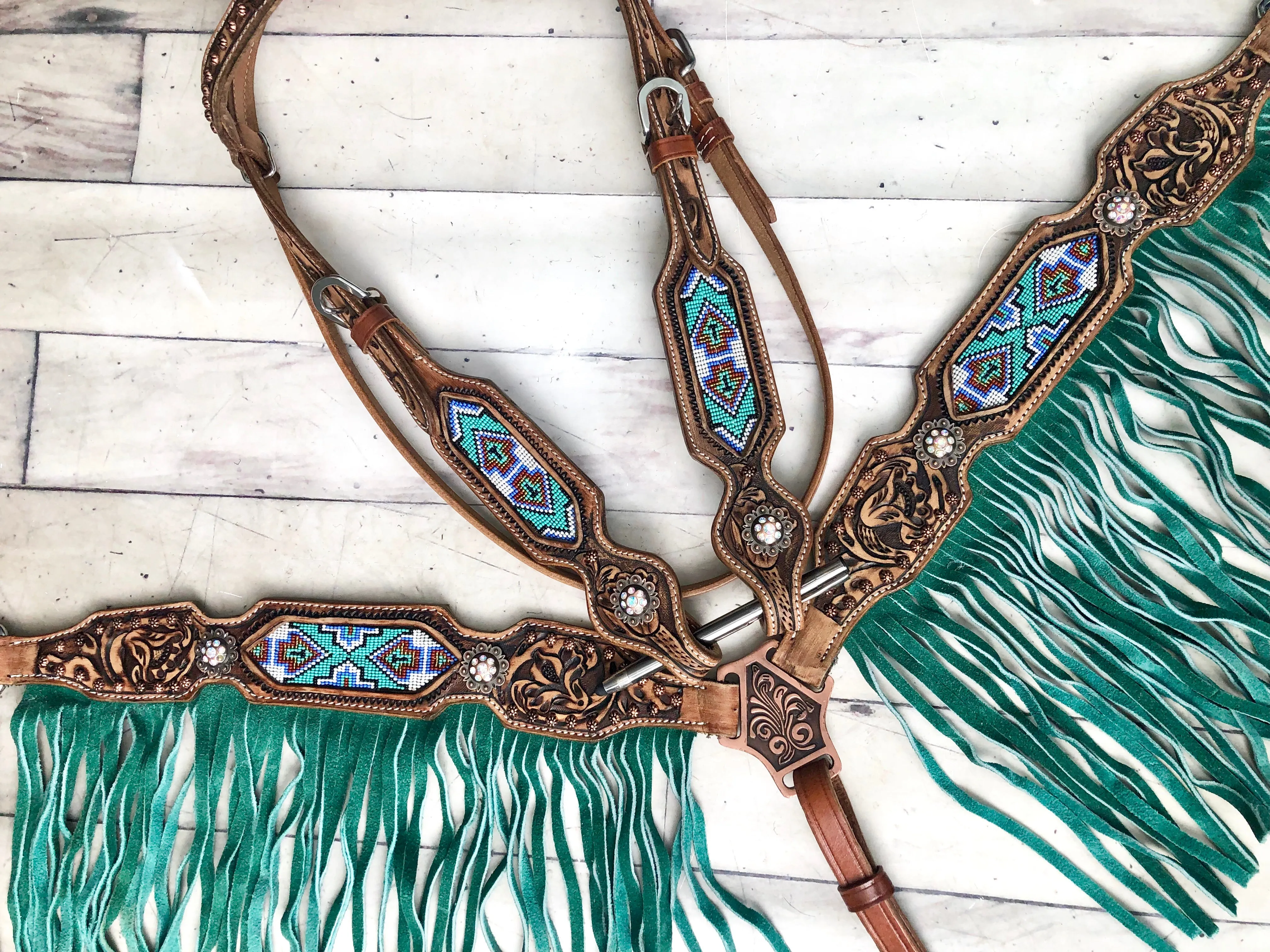 Green Fringe Mint Green Arrow Beaded Inset On Tooled Leather Tack Set