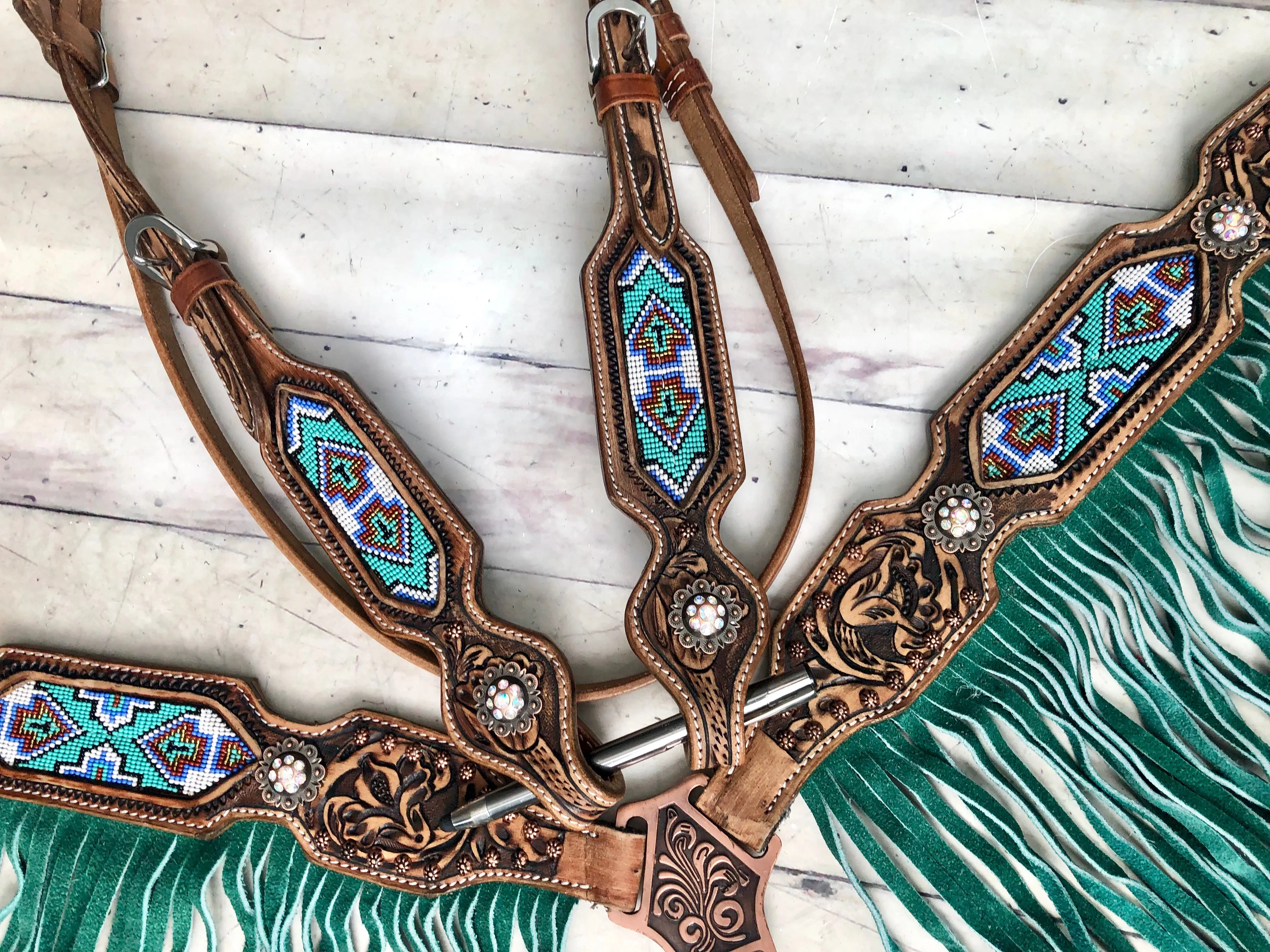 Green Fringe Mint Green Arrow Beaded Inset On Tooled Leather Tack Set