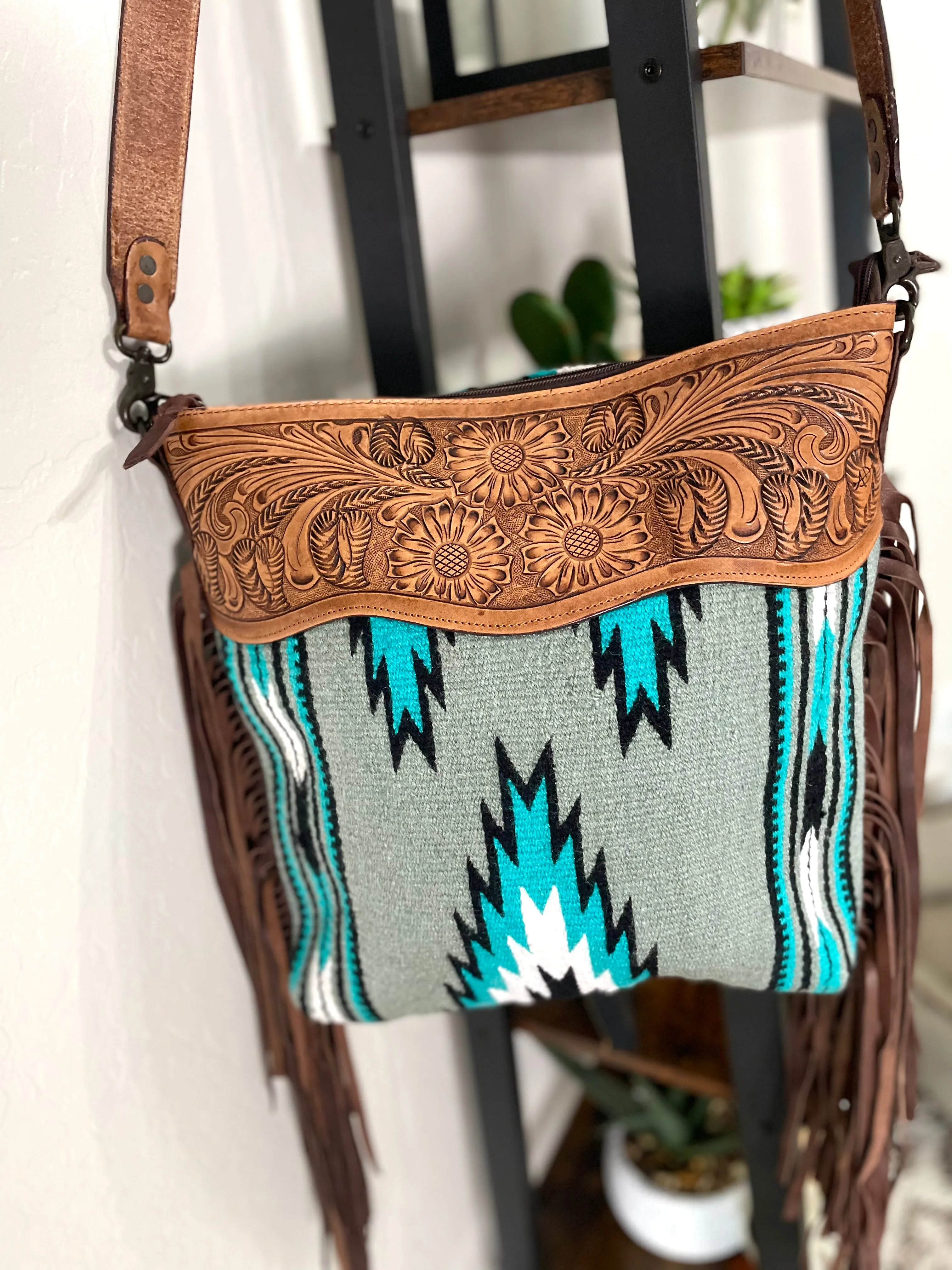 Grey and Turquoise Aztec Pattern Wool Serape Handbag