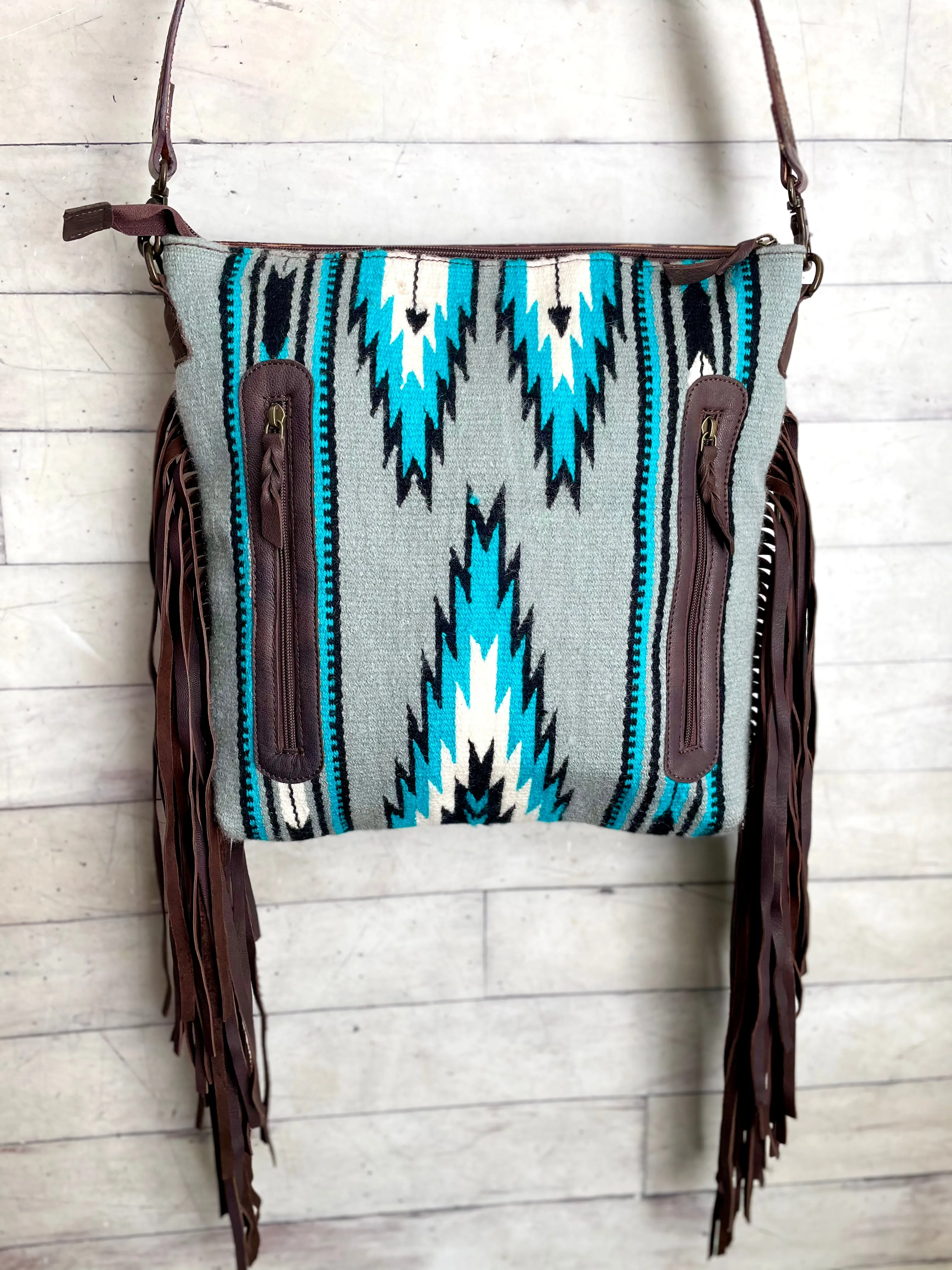 Grey and Turquoise Aztec Pattern Wool Serape Handbag