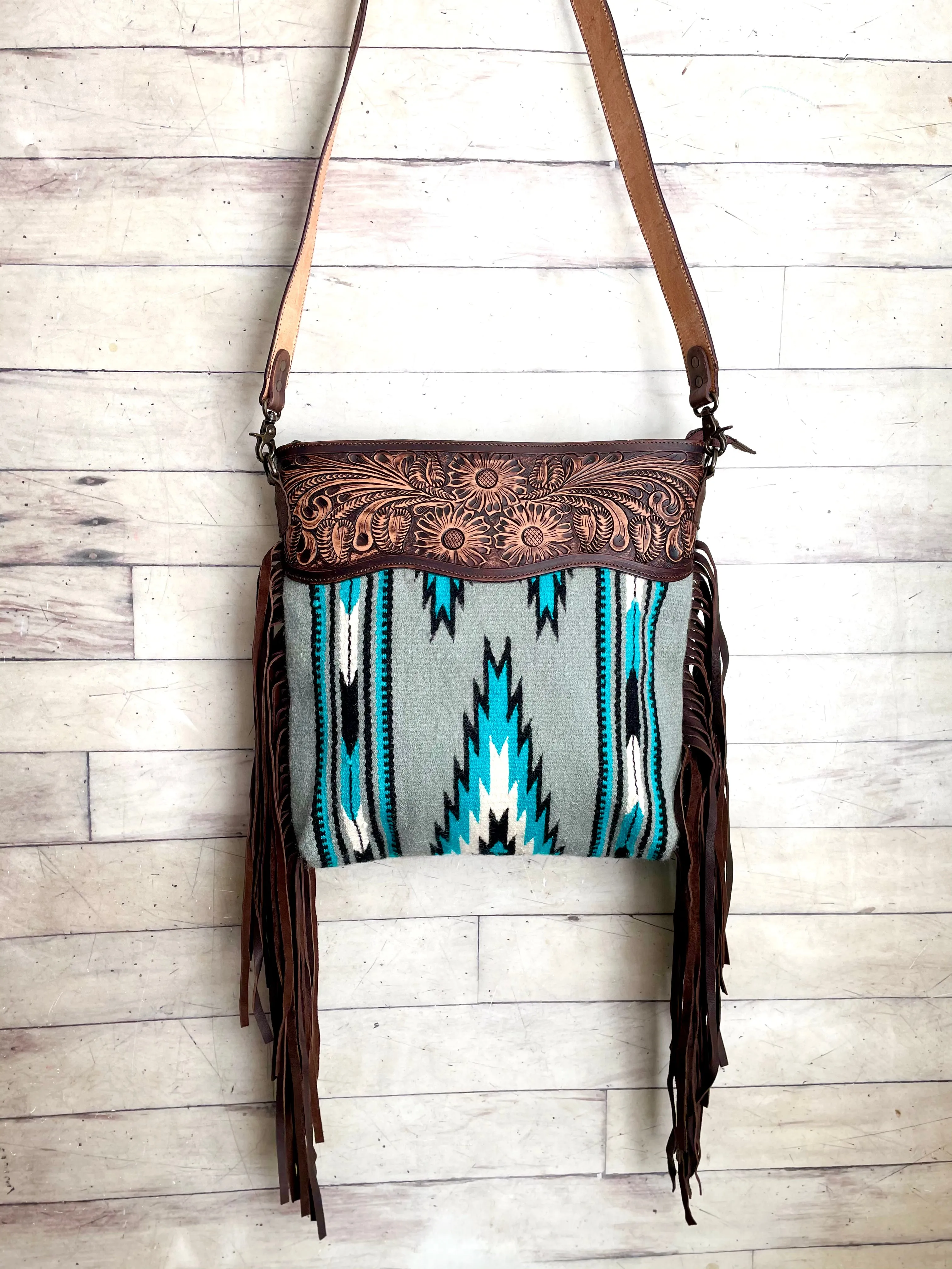 Grey and Turquoise Aztec Pattern Wool Serape Handbag