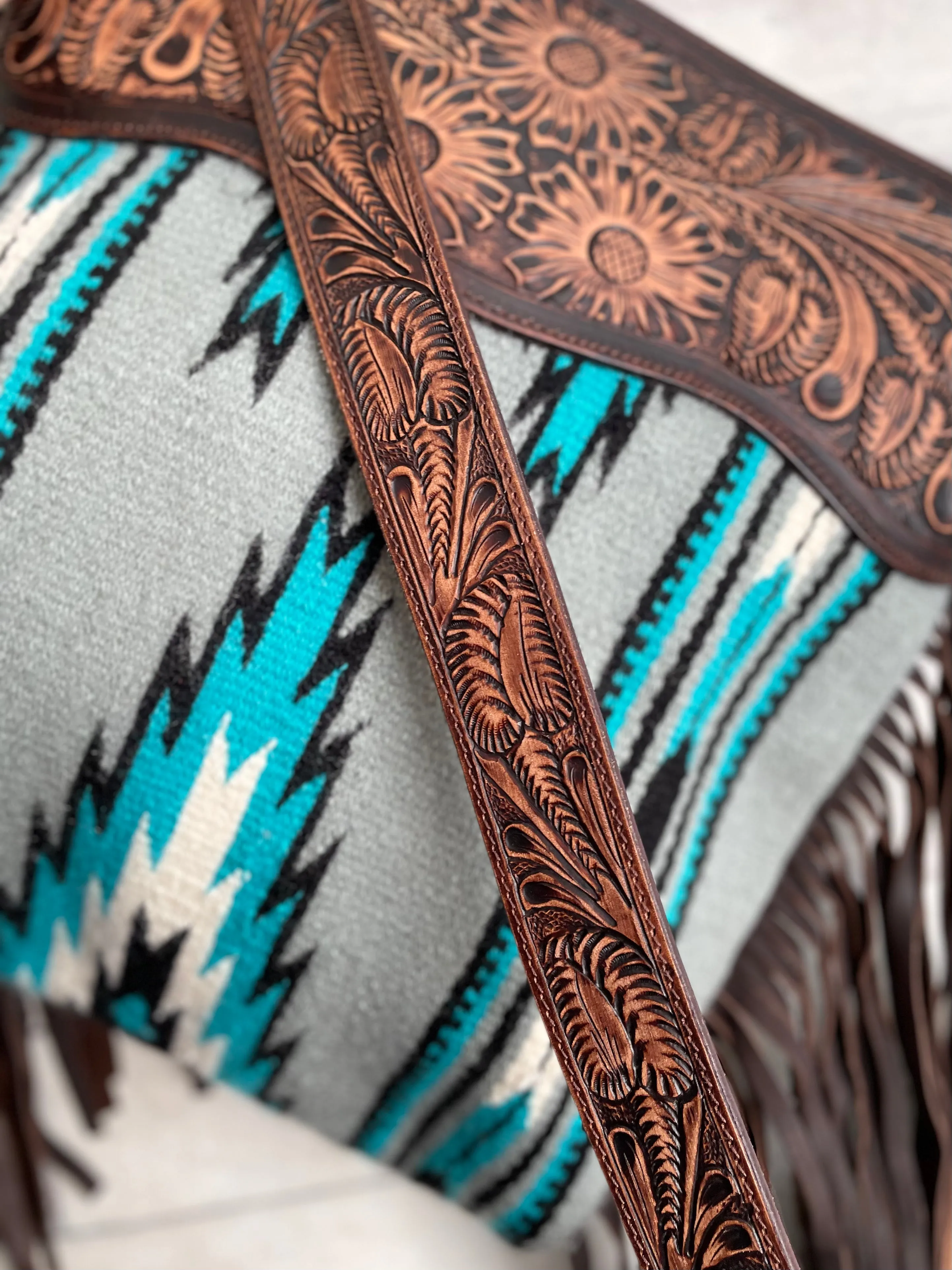 Grey and Turquoise Aztec Pattern Wool Serape Handbag