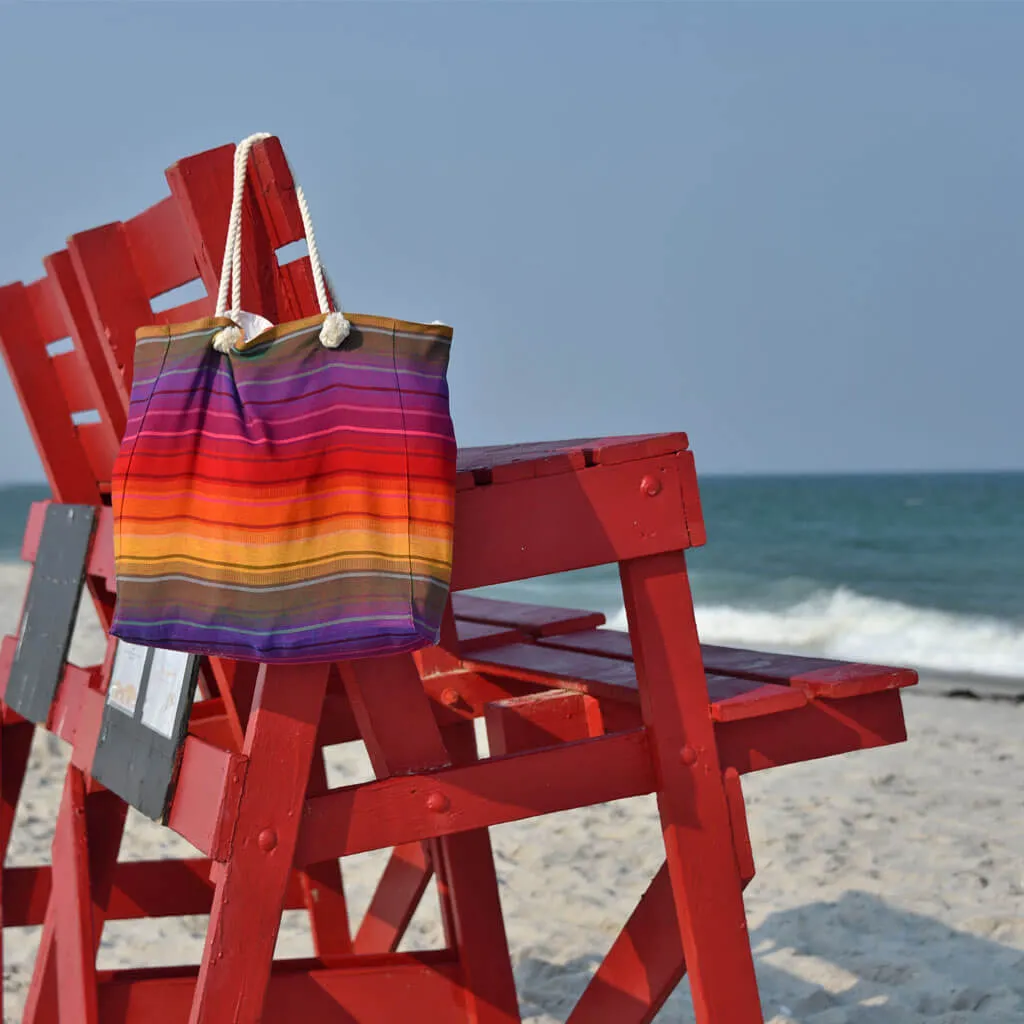 Hand Woven Beach Tote Bag | Bright Rainbow Stripes