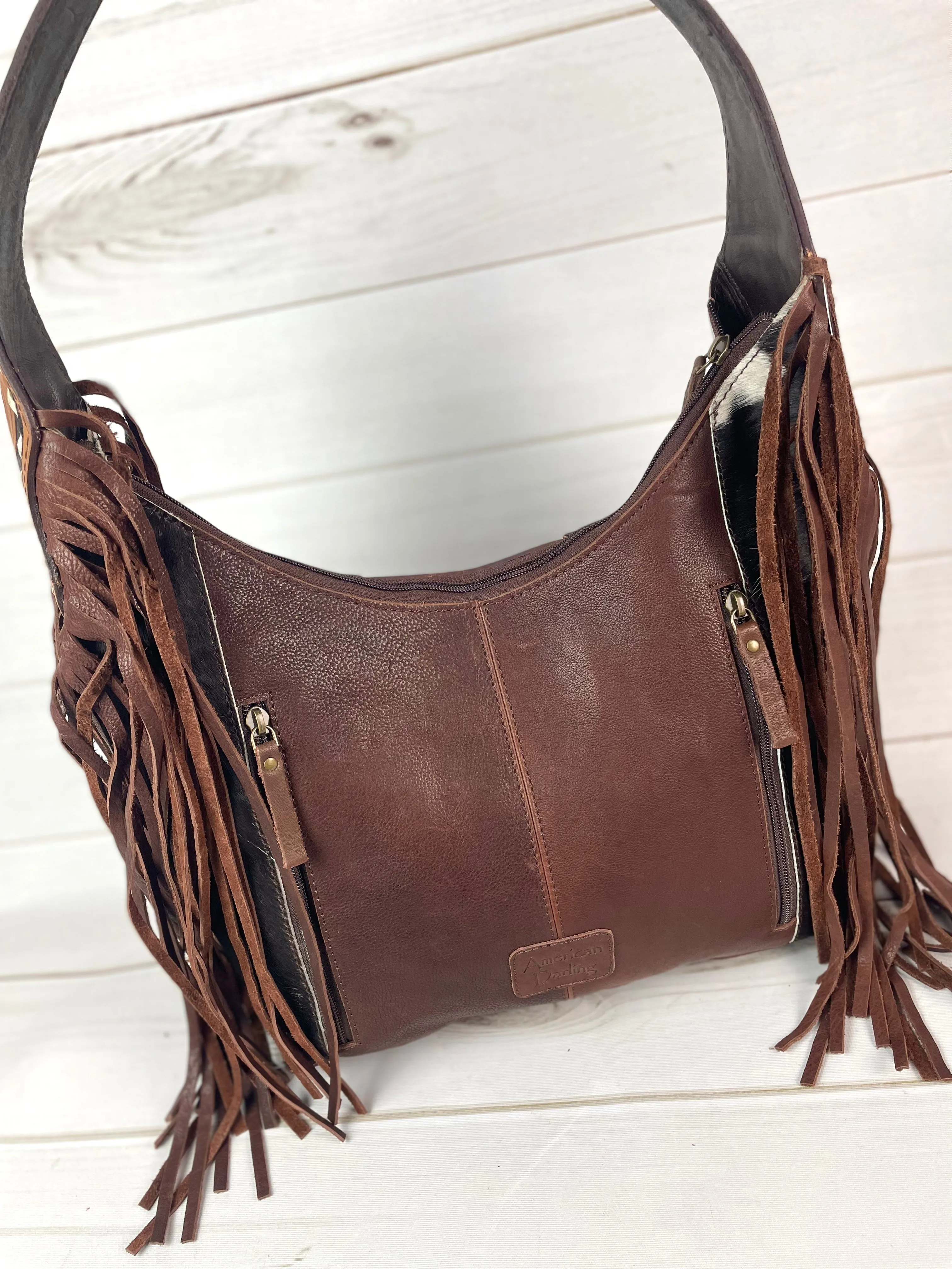 Hide & Floral Leather Tooled Hobo Fringe Handbag
