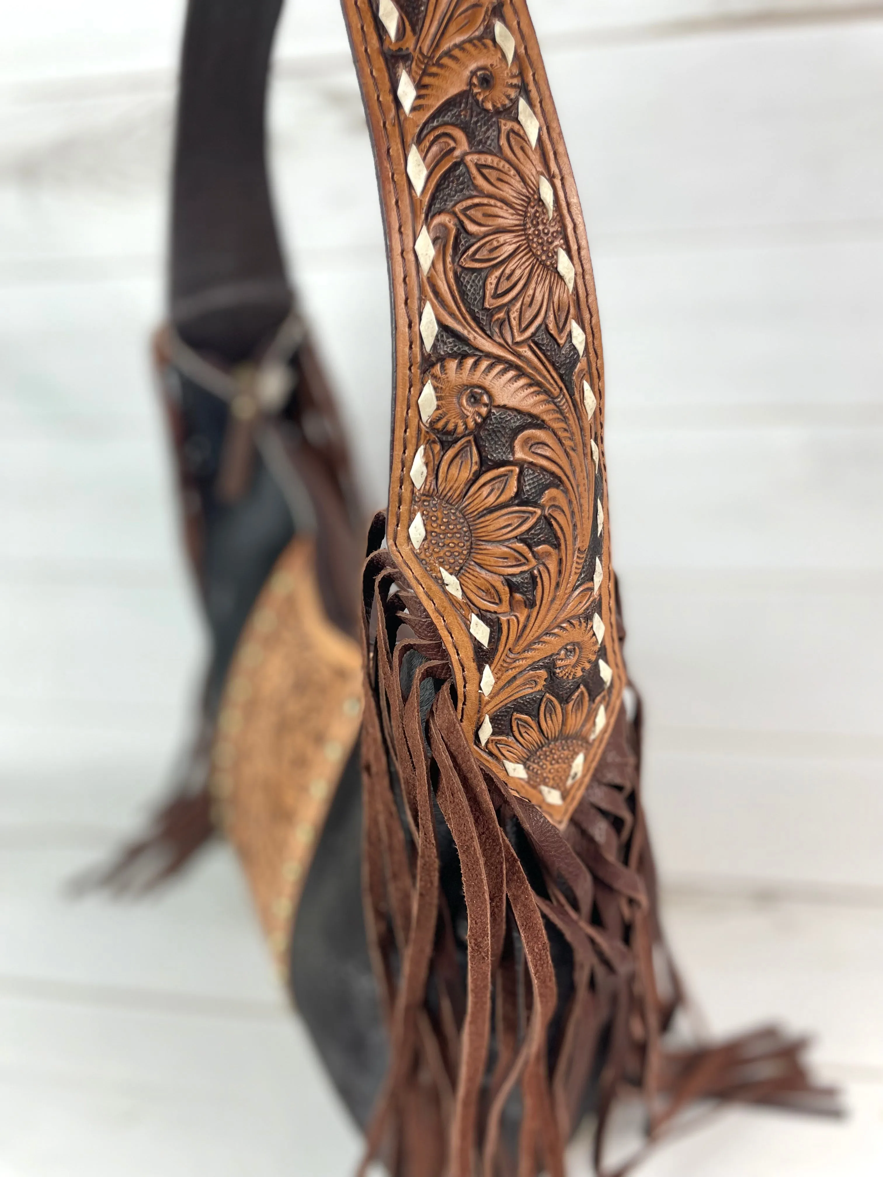 Hide & Floral Leather Tooled Hobo Fringe Handbag