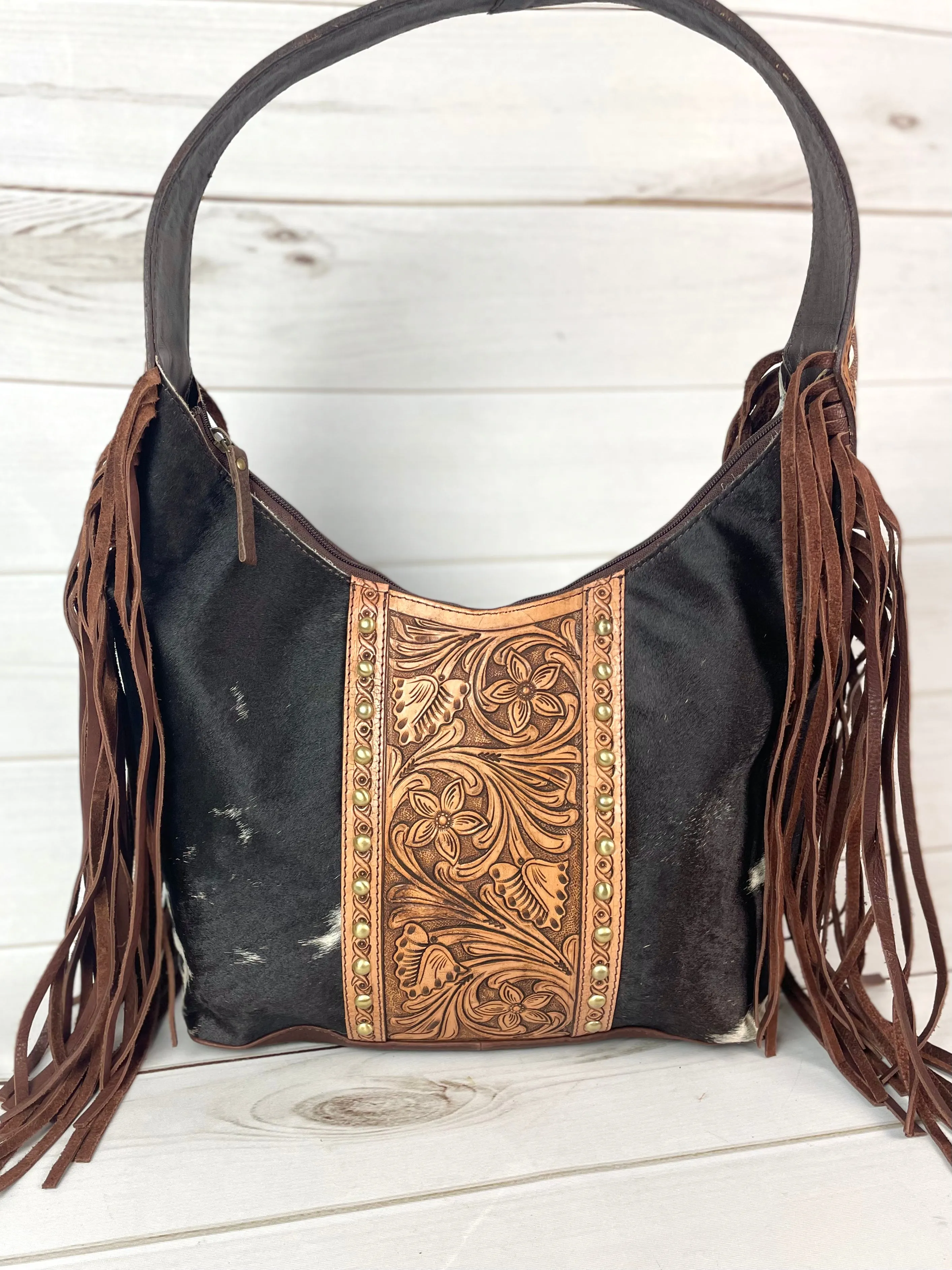Hide & Floral Leather Tooled Hobo Fringe Handbag
