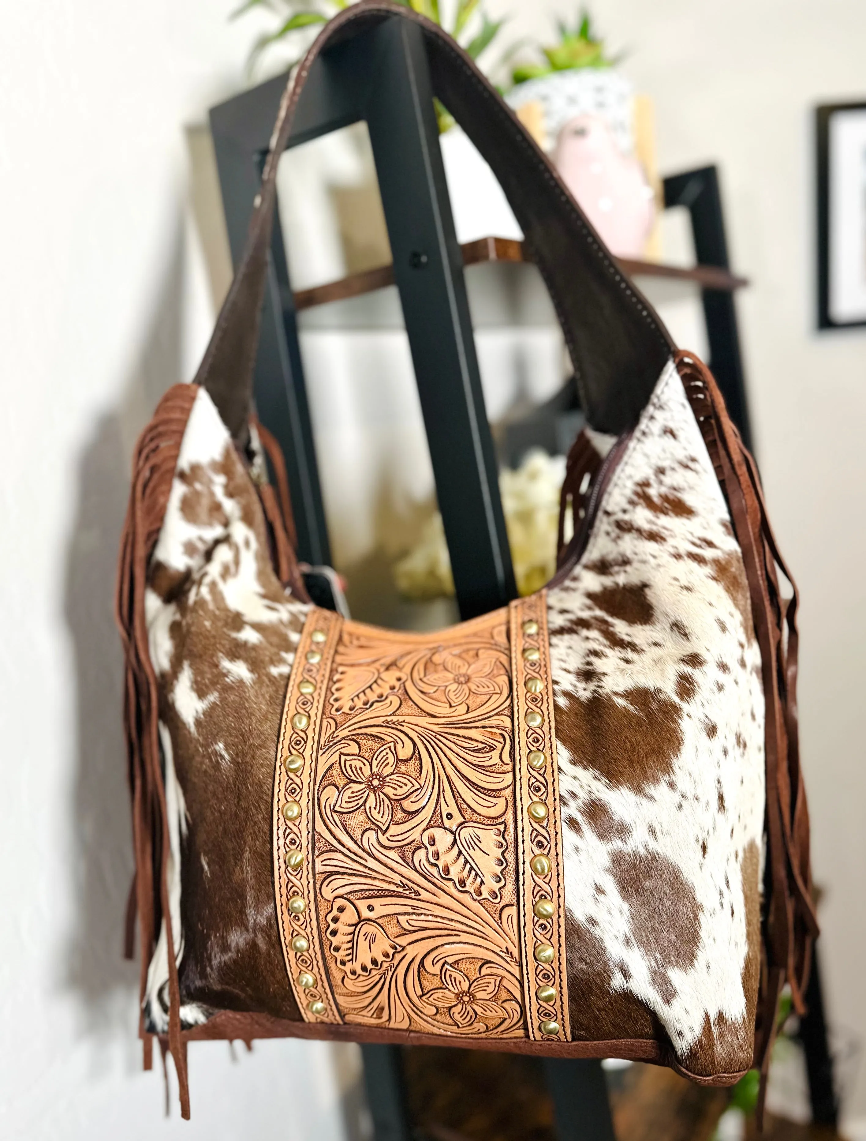 Hide & Floral Leather Tooled Hobo Fringe Handbag