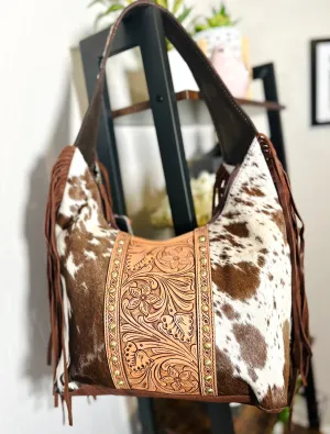 Hide & Floral Leather Tooled Hobo Fringe Handbag