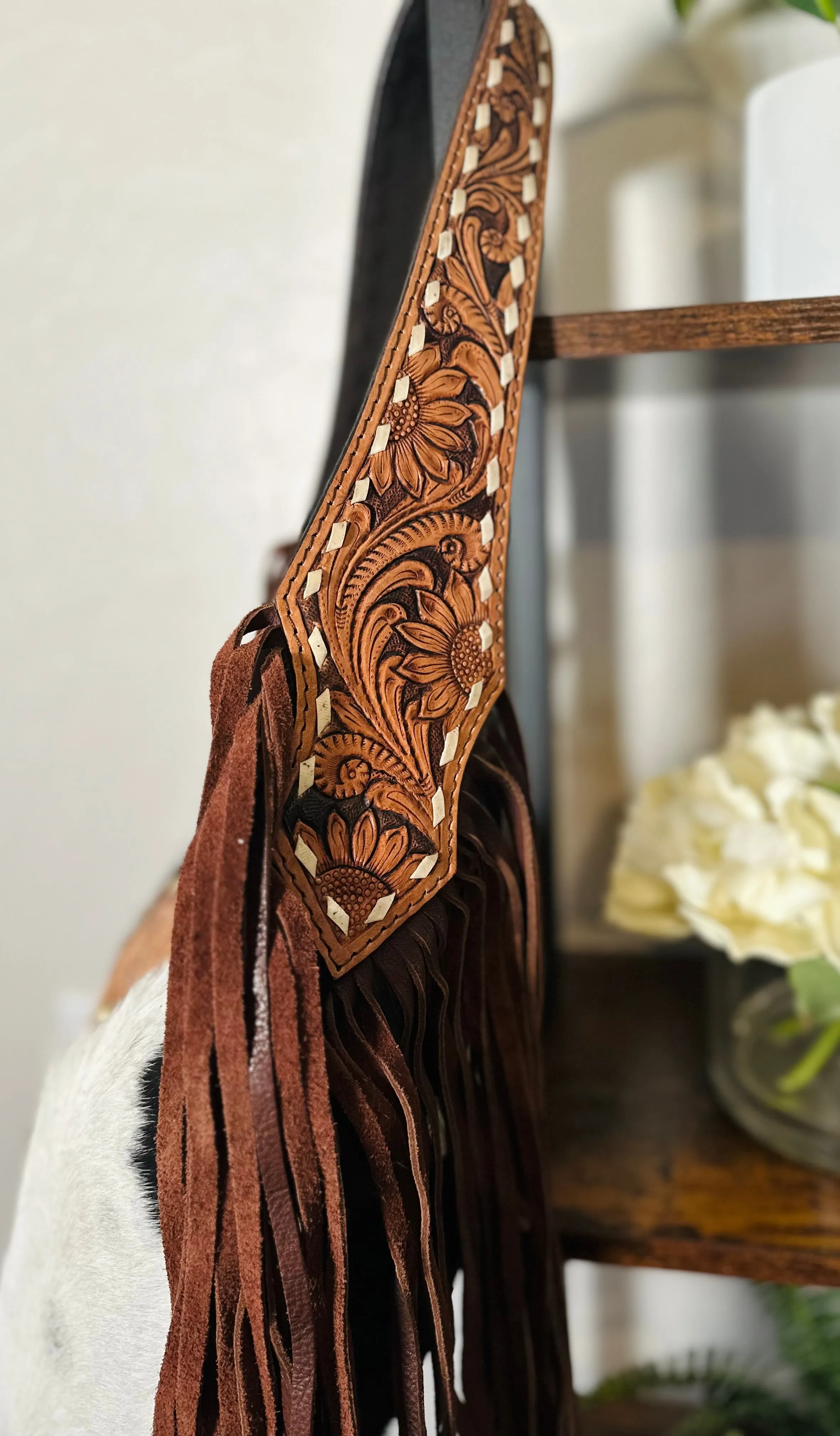 Hide & Floral Leather Tooled Hobo Fringe Handbag