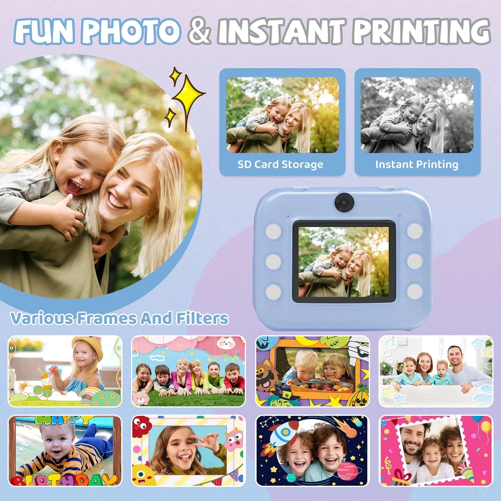 Instant Print Camera for Kids, Dual-Lens 48MP Digital Camera 2.4 Inch Screen with 3 Rolls Paper, Blue