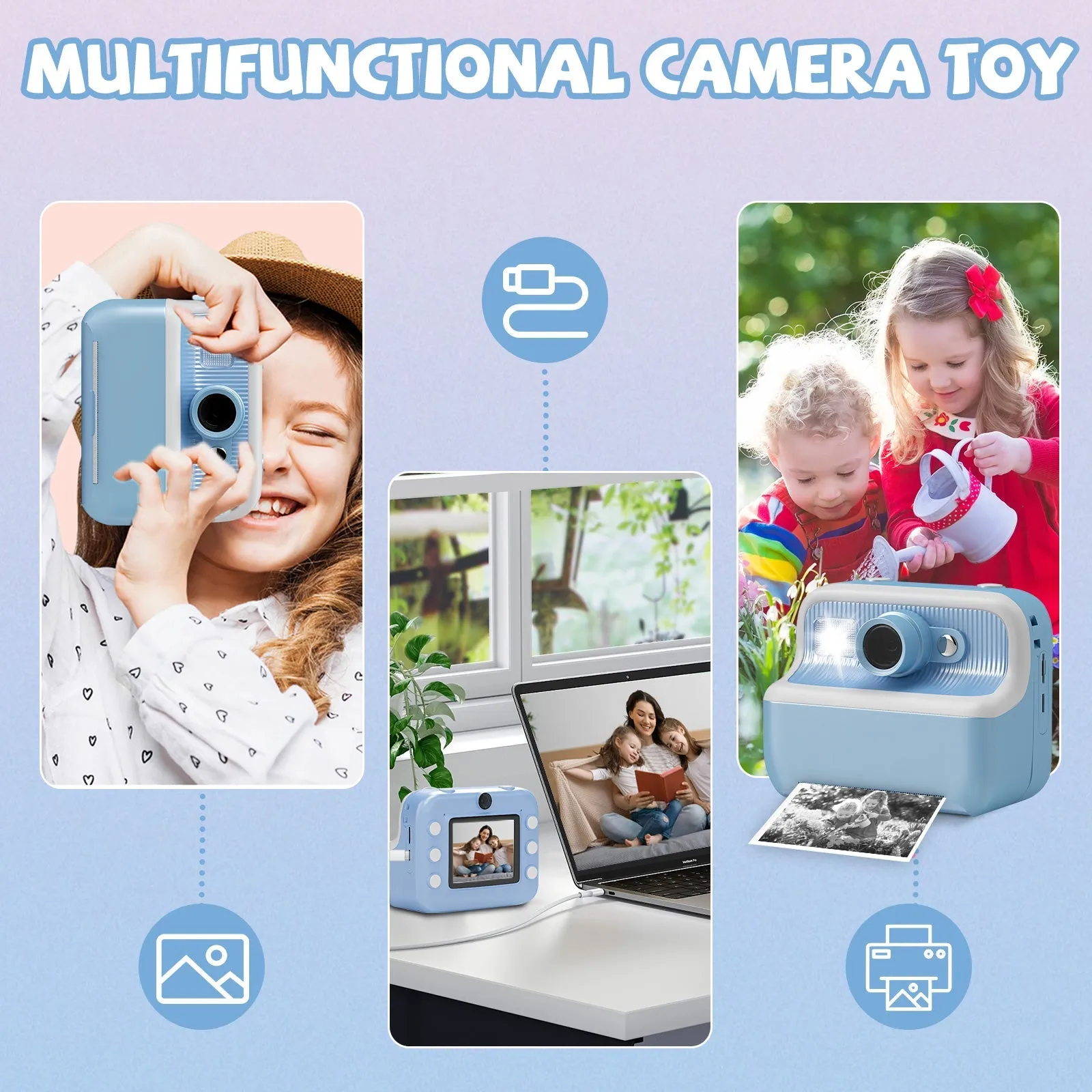 Instant Print Camera for Kids, Dual-Lens 48MP Digital Camera 2.4 Inch Screen with 3 Rolls Paper, Blue