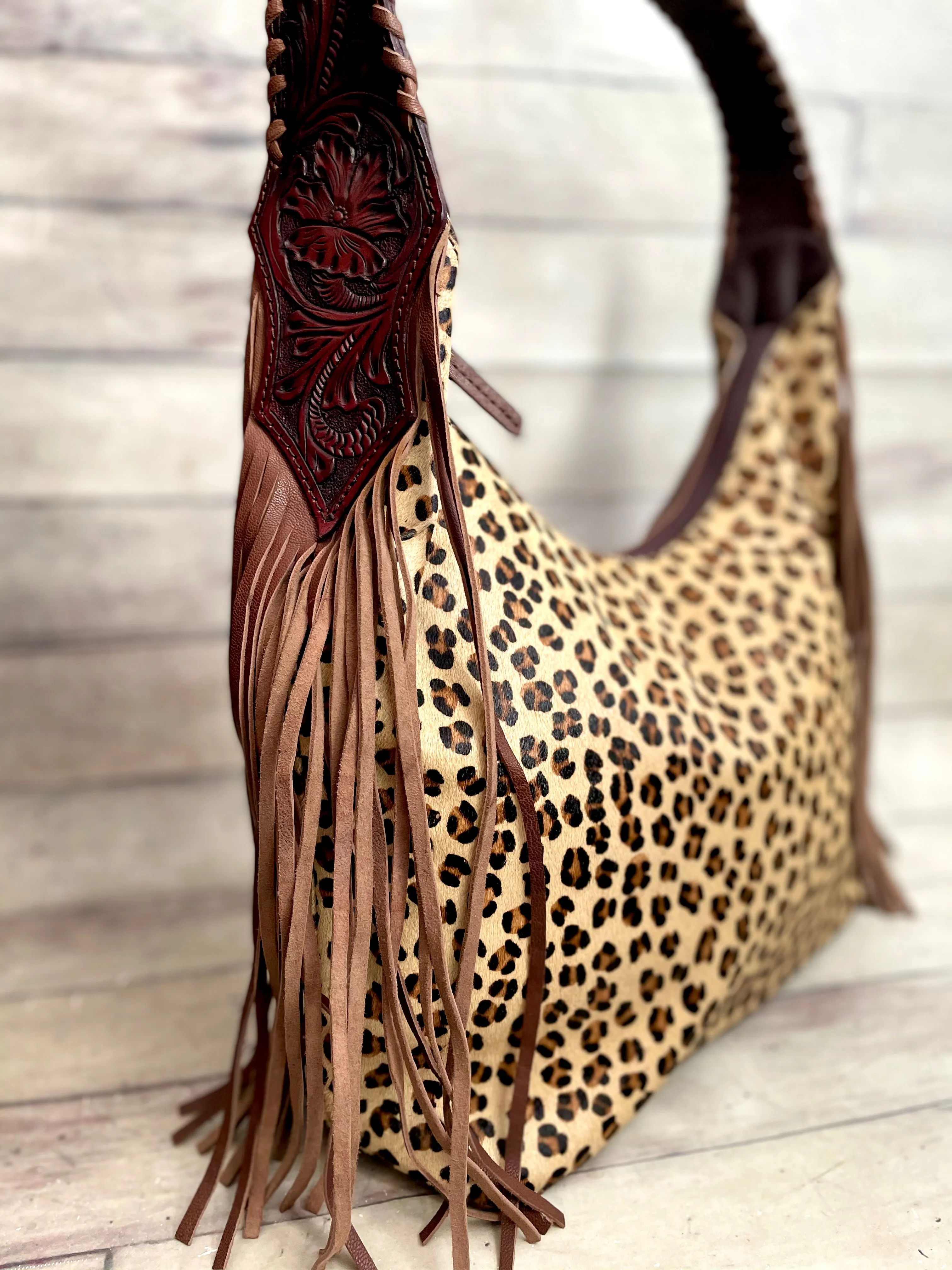 Leopard Pattern on Hide Hobo Fringe Handbag