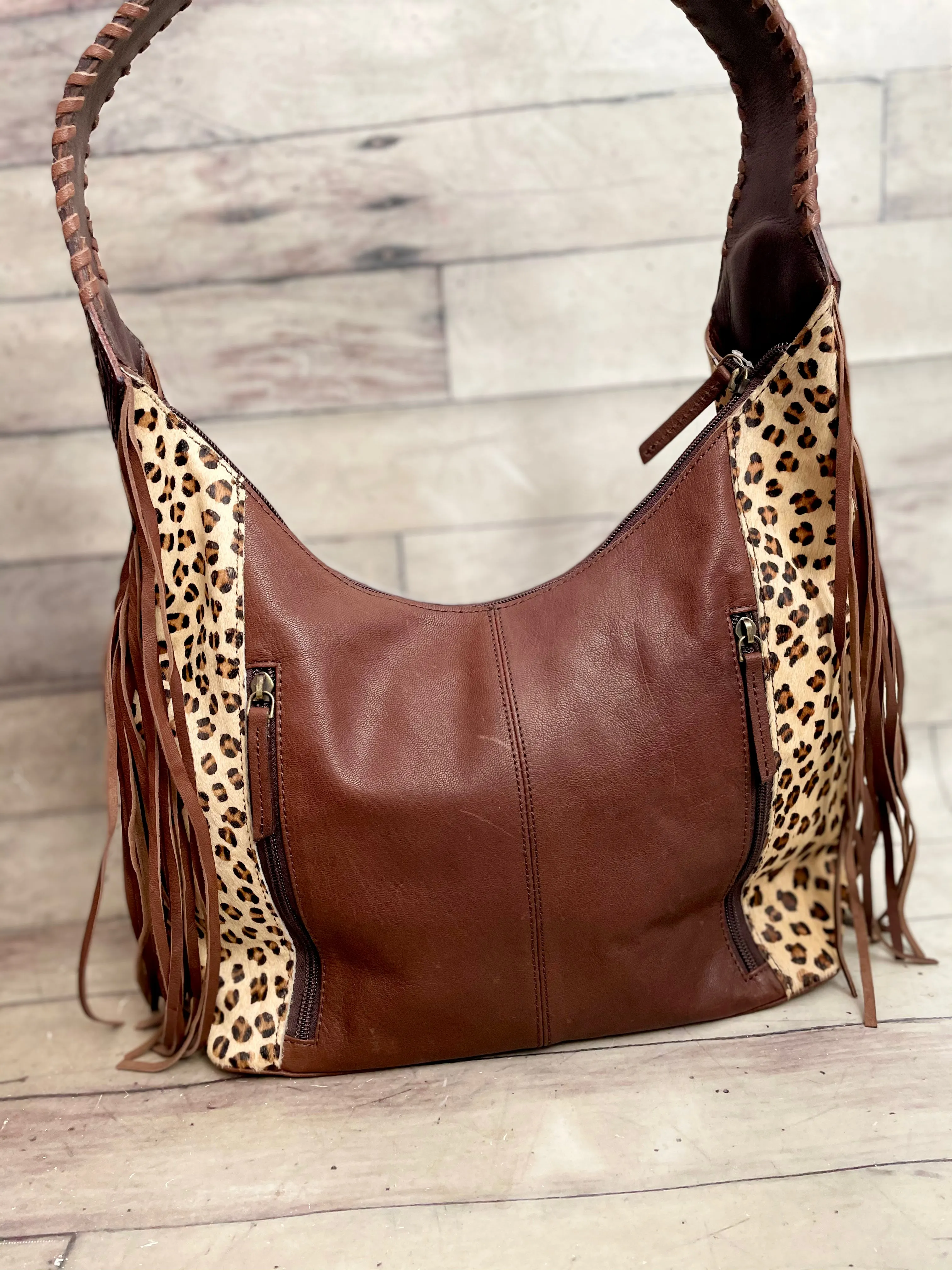 Leopard Pattern on Hide Hobo Fringe Handbag