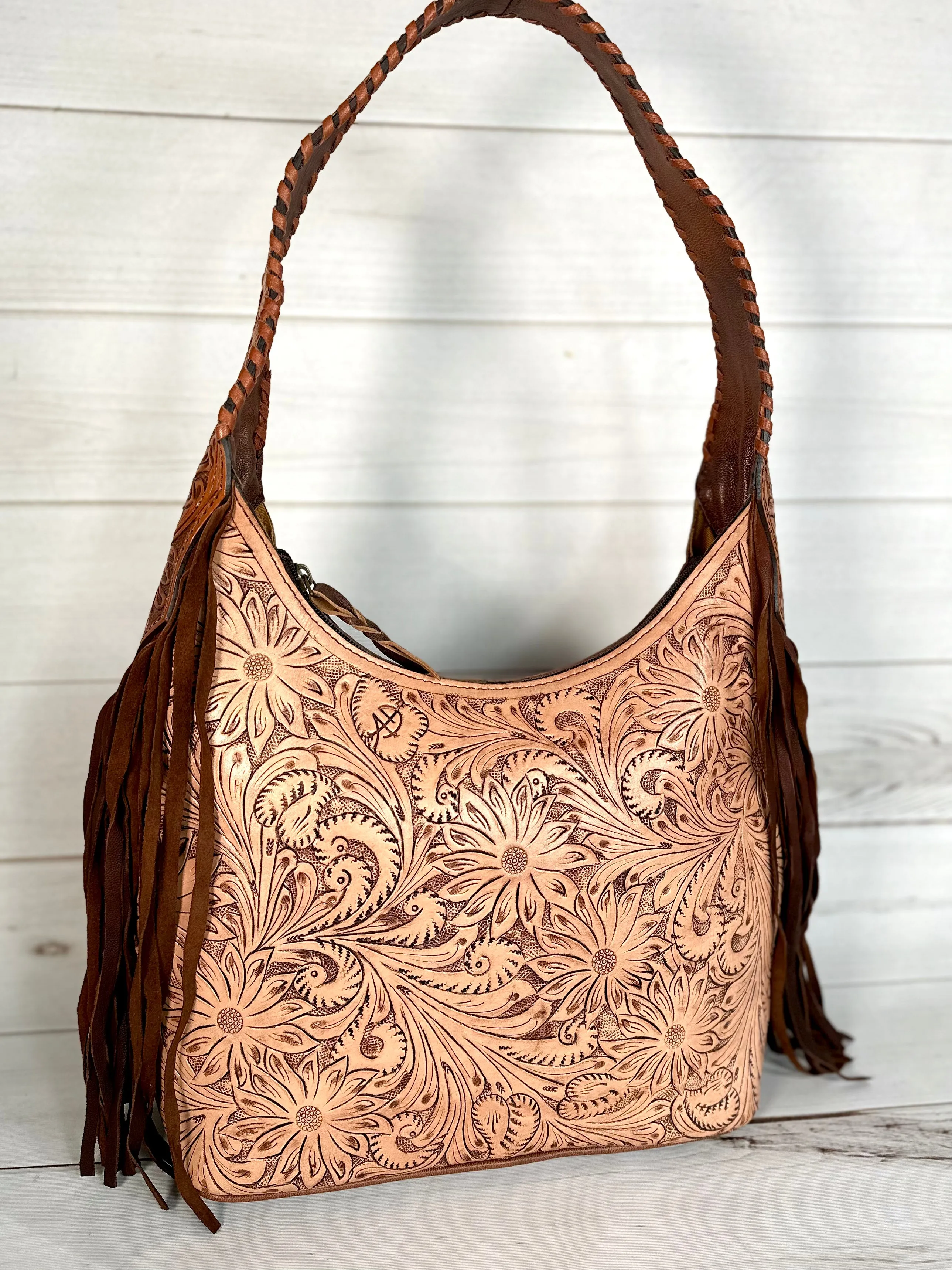 Light Leather Floral Tooled Hobo Fringe Handbag