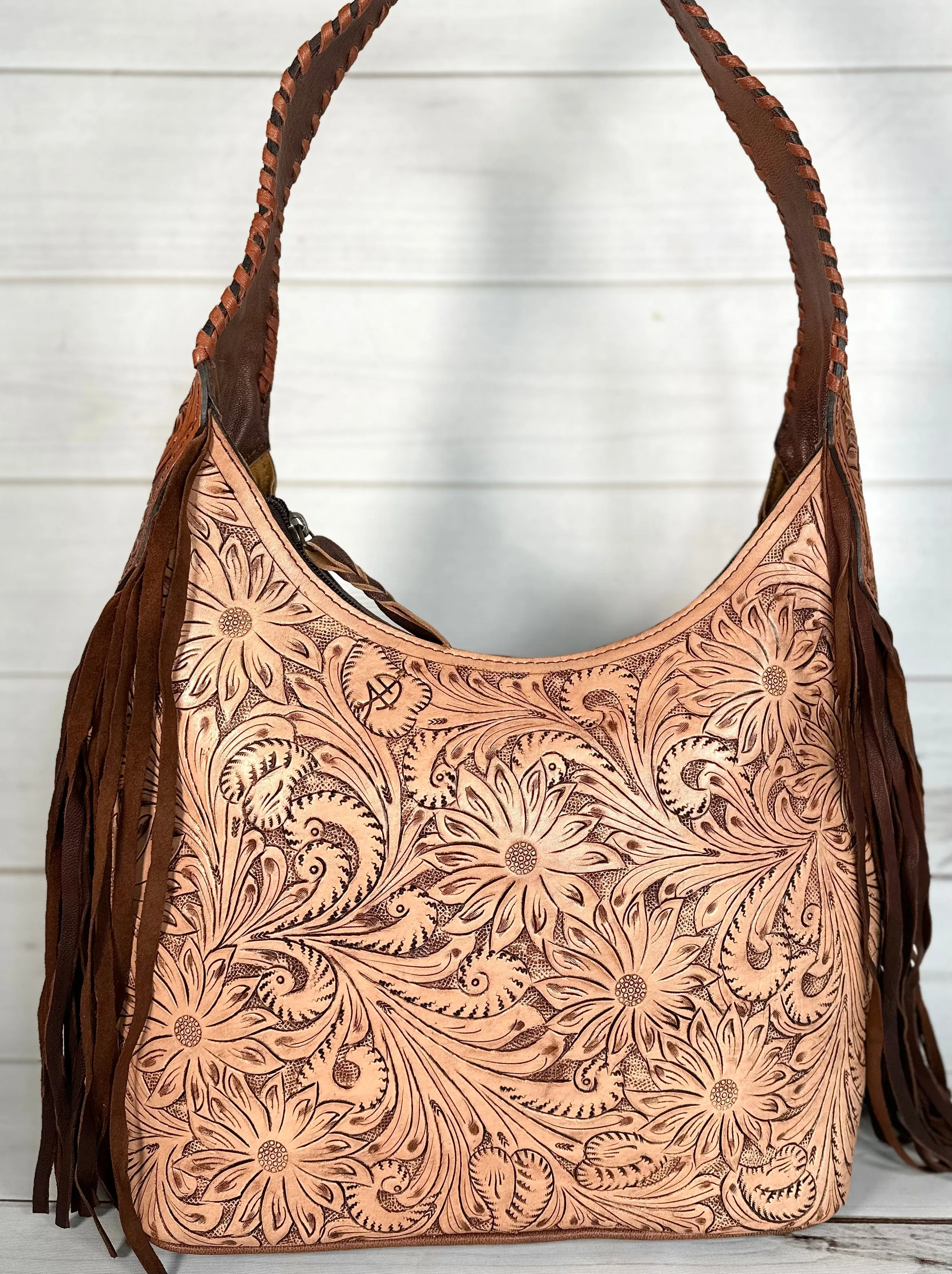 Light Leather Floral Tooled Hobo Fringe Handbag
