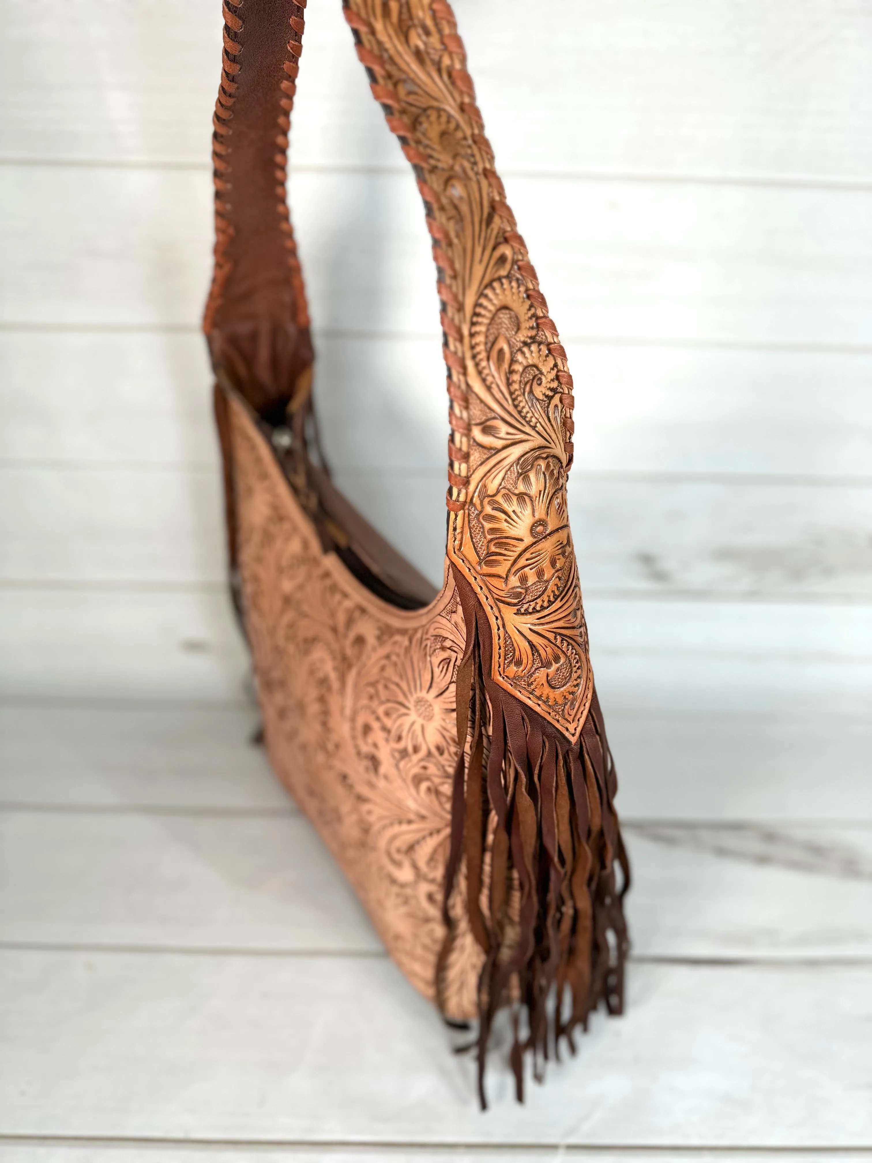 Light Leather Floral Tooled Hobo Fringe Handbag